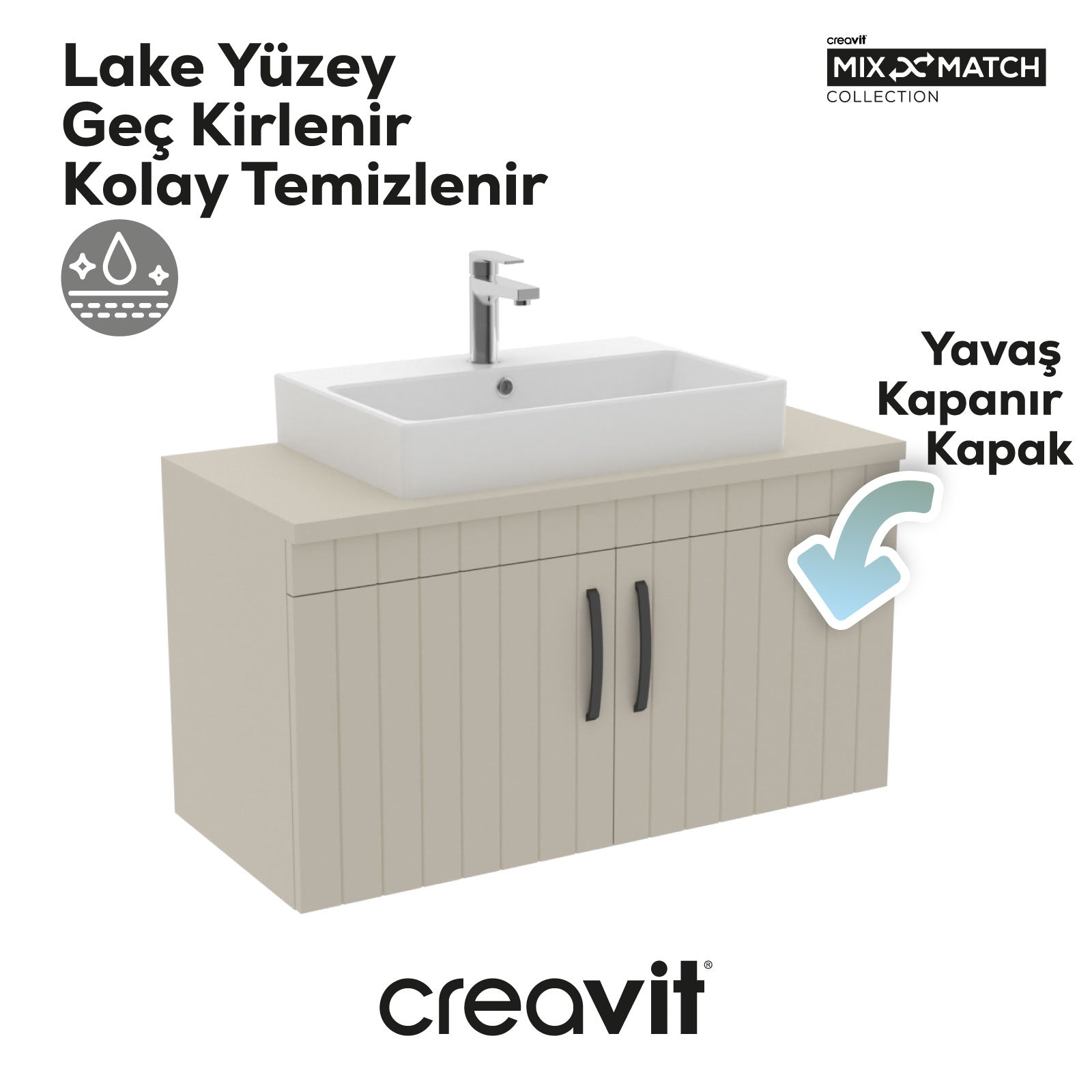 D10 Next Lavabo Dolabı Kapaklı 100 cm Dafne Melamin Gövde Lake Kapak - Creavit | Banyo Bu Tarafta