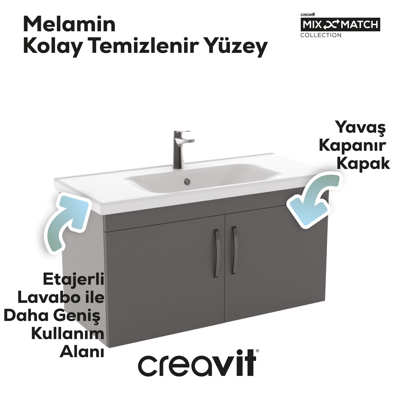 D10 Eksen Lavabo Dolabı Kapaklı 100 cm Gri Melamin Gövde Antrasit Kapak - Creavit | Banyo Bu Tarafta