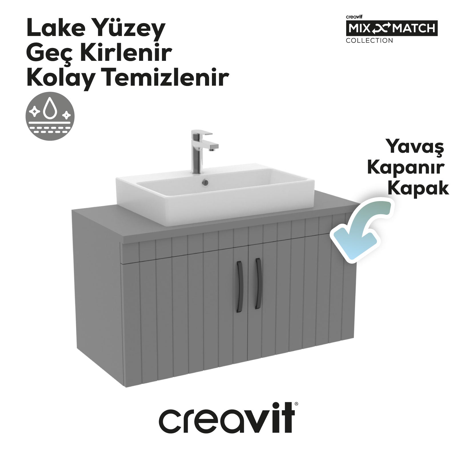 D10 Next Lavabo Dolabı Kapaklı 100 cm Gri Melamin Gövde Lake Kapak - Creavit | Banyo Bu Tarafta