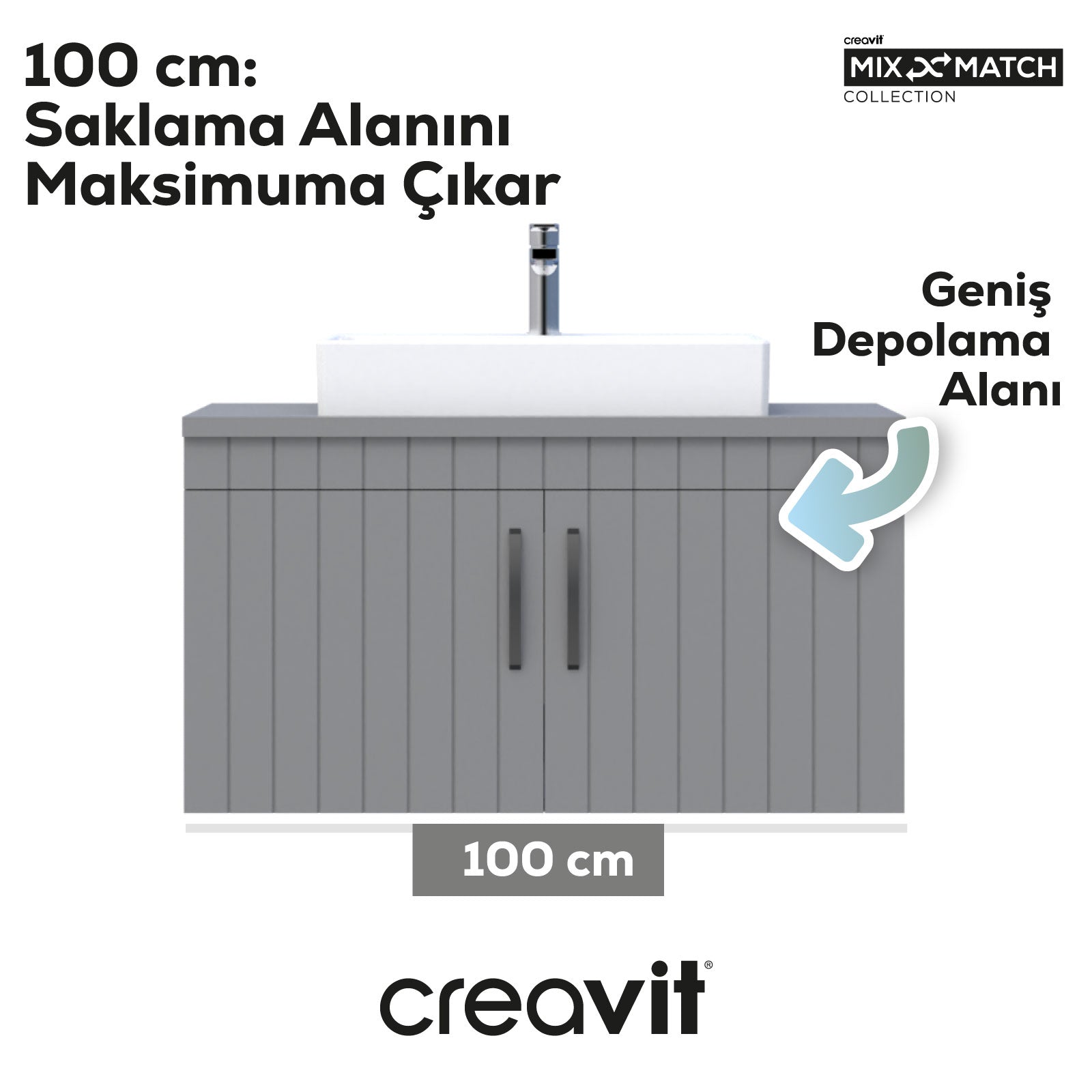 D10 Next Lavabo Dolabı Kapaklı 100 cm Gri Melamin Gövde Lake Kapak - Creavit | Banyo Bu Tarafta