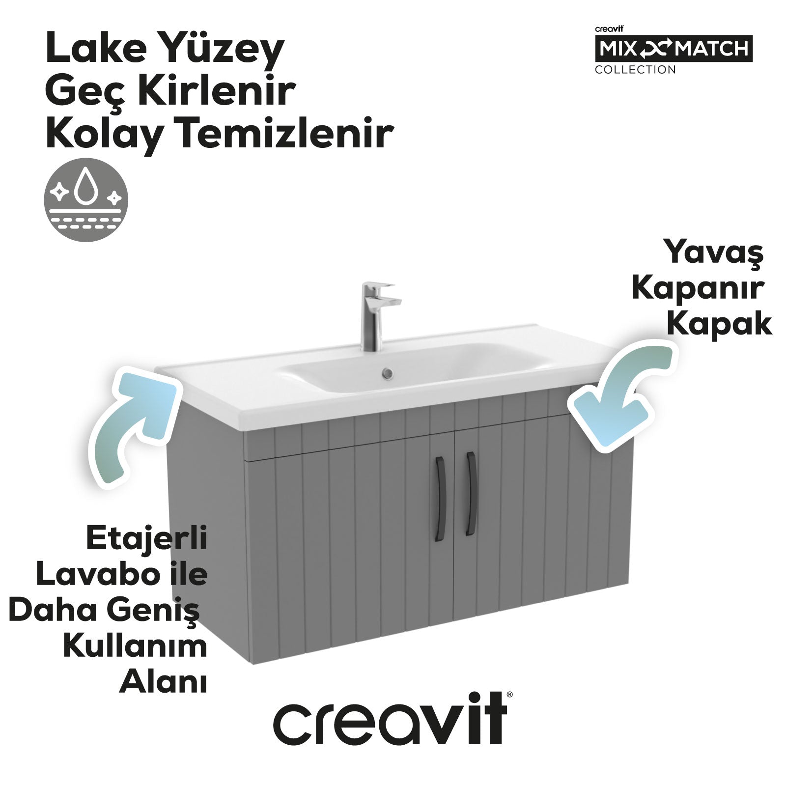 D10 Eksen Lavabo Dolabı Kapaklı 100 cm Gri Melamin Gövde Lake Kapak - Creavit | Banyo Bu Tarafta