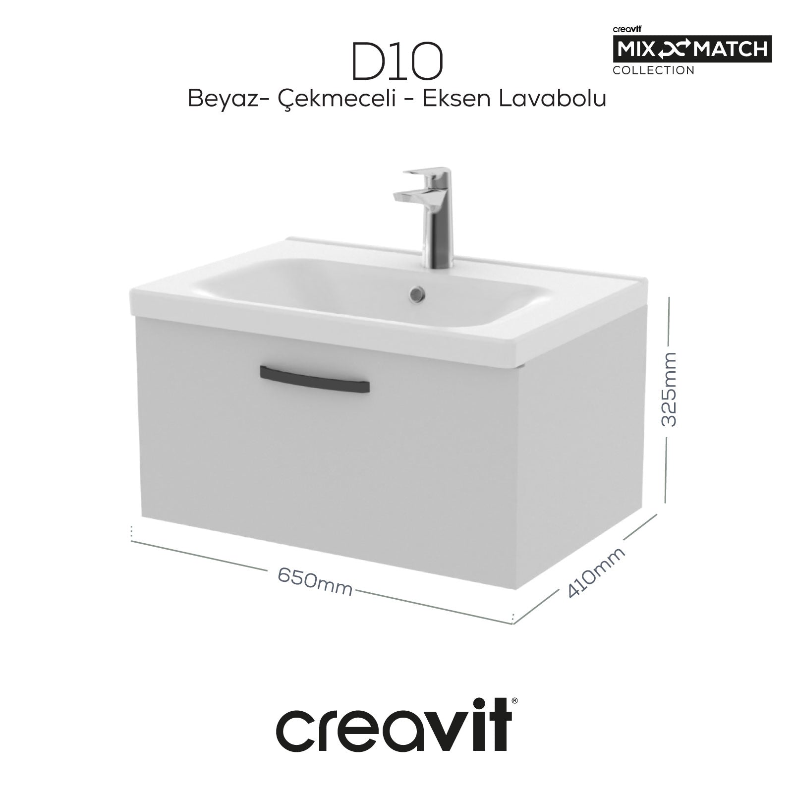 D10 Eksen Lavabo Dolabı Çekmeceli 65 cm Beyaz - Creavit | Banyo Bu Tarafta