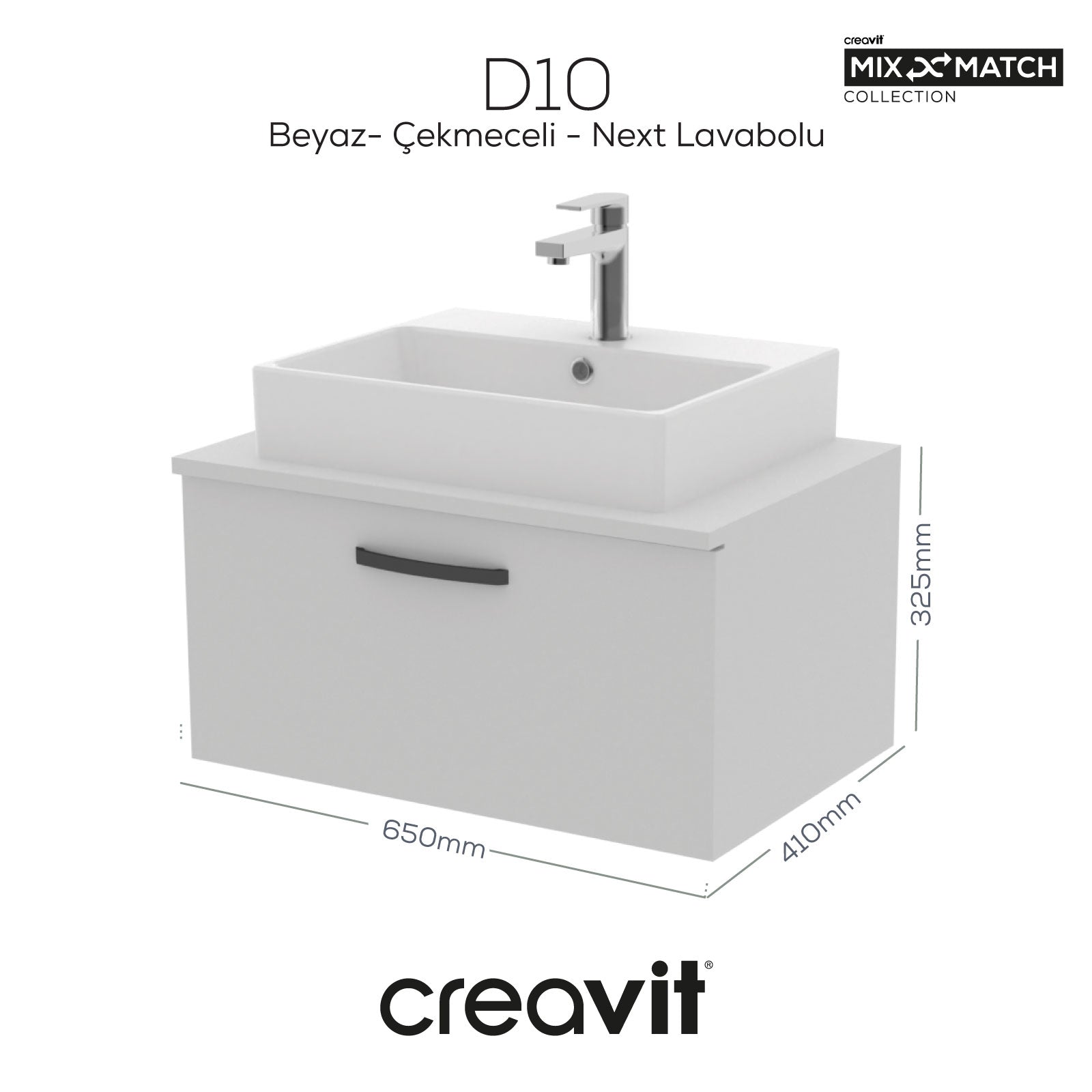 D10 Next Lavabo Dolabı Çekmeceli 65 cm Beyaz - Creavit | Banyo Bu Tarafta