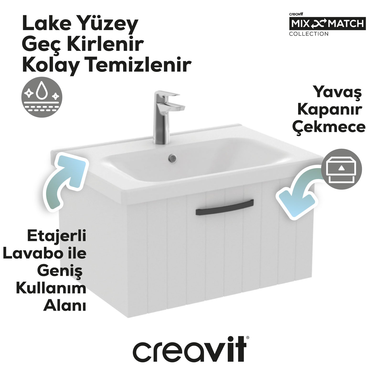 D10 Eksen Lavabo Dolabı Çekmeceli 65 cm Beyaz Lake - Creavit | Banyo Bu Tarafta