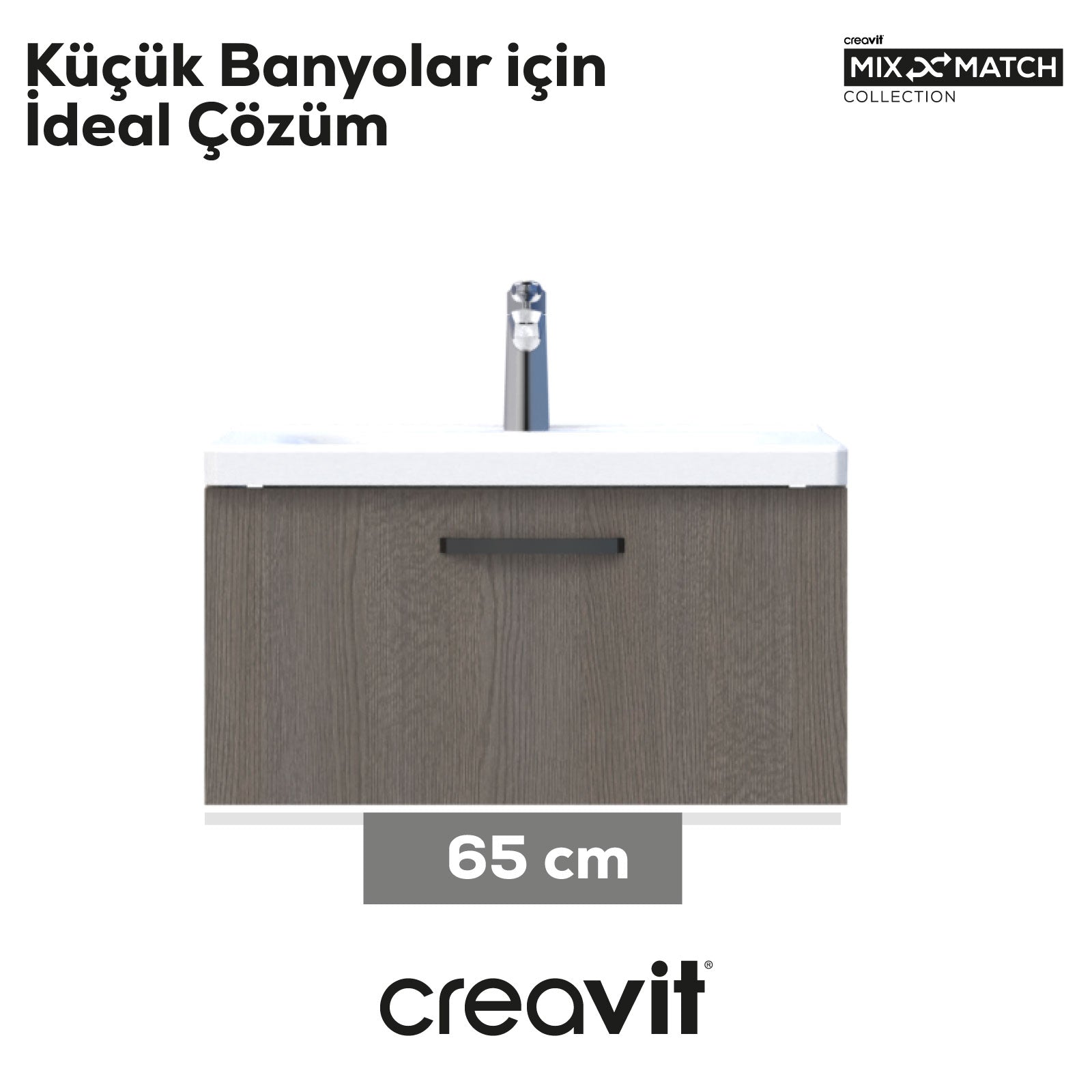 D10 Eksen Lavabo Dolabı Çekmeceli 65 cm Dafne Gövde Antrasit Meşe Kapak - Creavit | Banyo Bu Tarafta