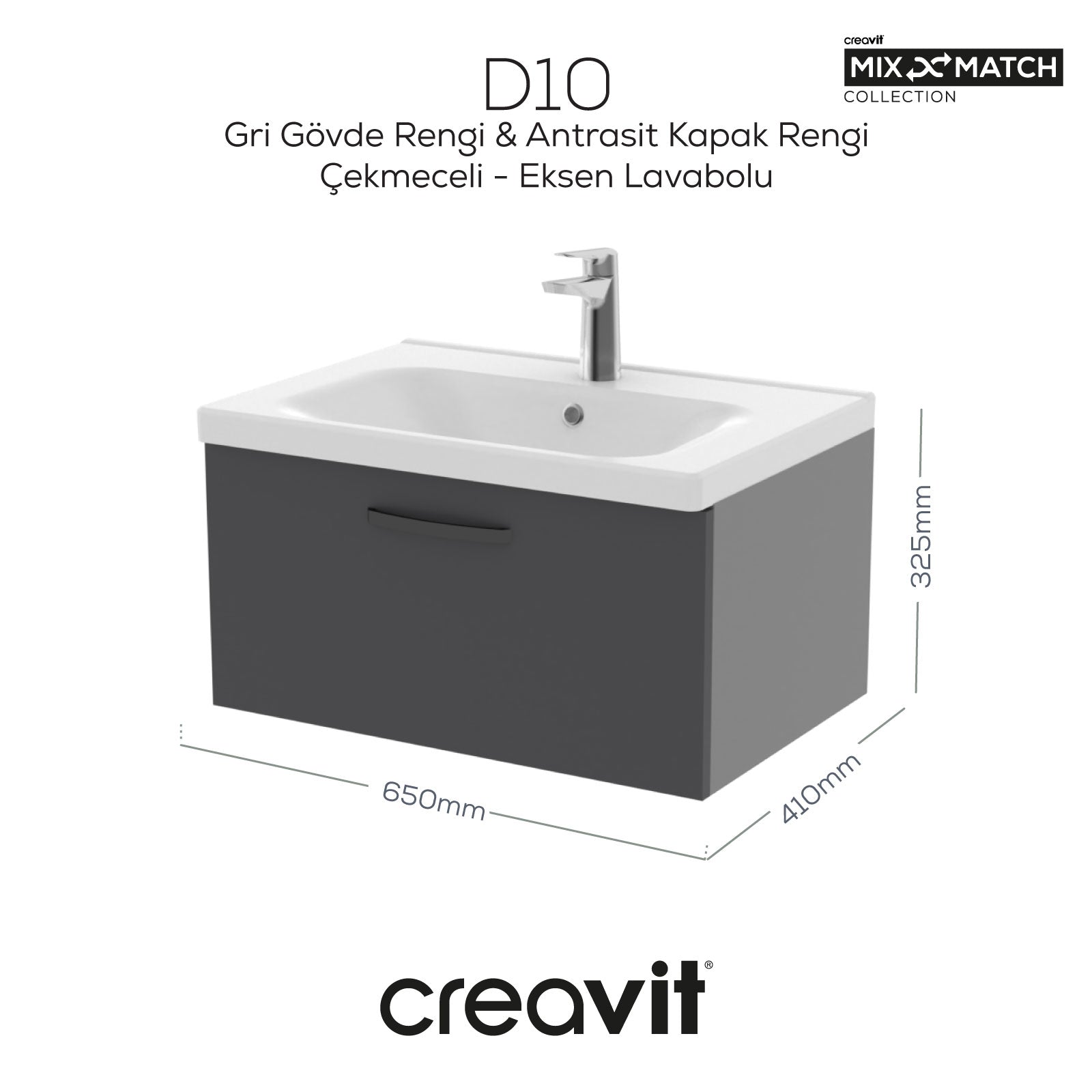 D10 Eksen Lavabo Dolabı Çekmeceli 65 cm Antrasit - Creavit | Banyo Bu Tarafta