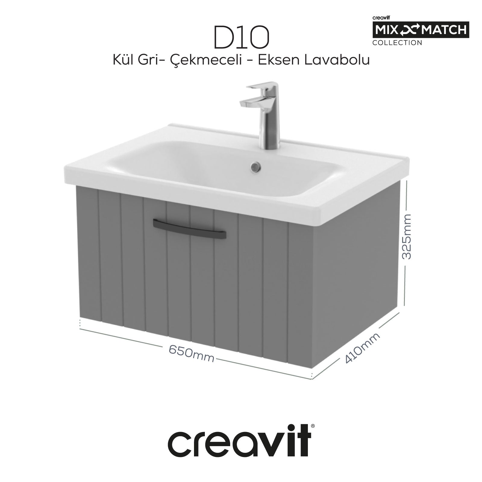 D10 Eksen Lavabo Dolabı Çekmeceli 65 cm Gri Lake - Creavit | Banyo Bu Tarafta