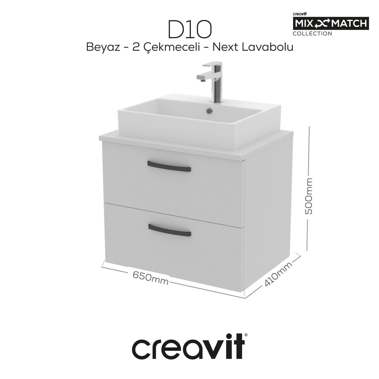 D10 Next Lavabo Dolabı İki Çekmeceli 65 cm Beyaz - Creavit | Banyo Bu Tarafta
