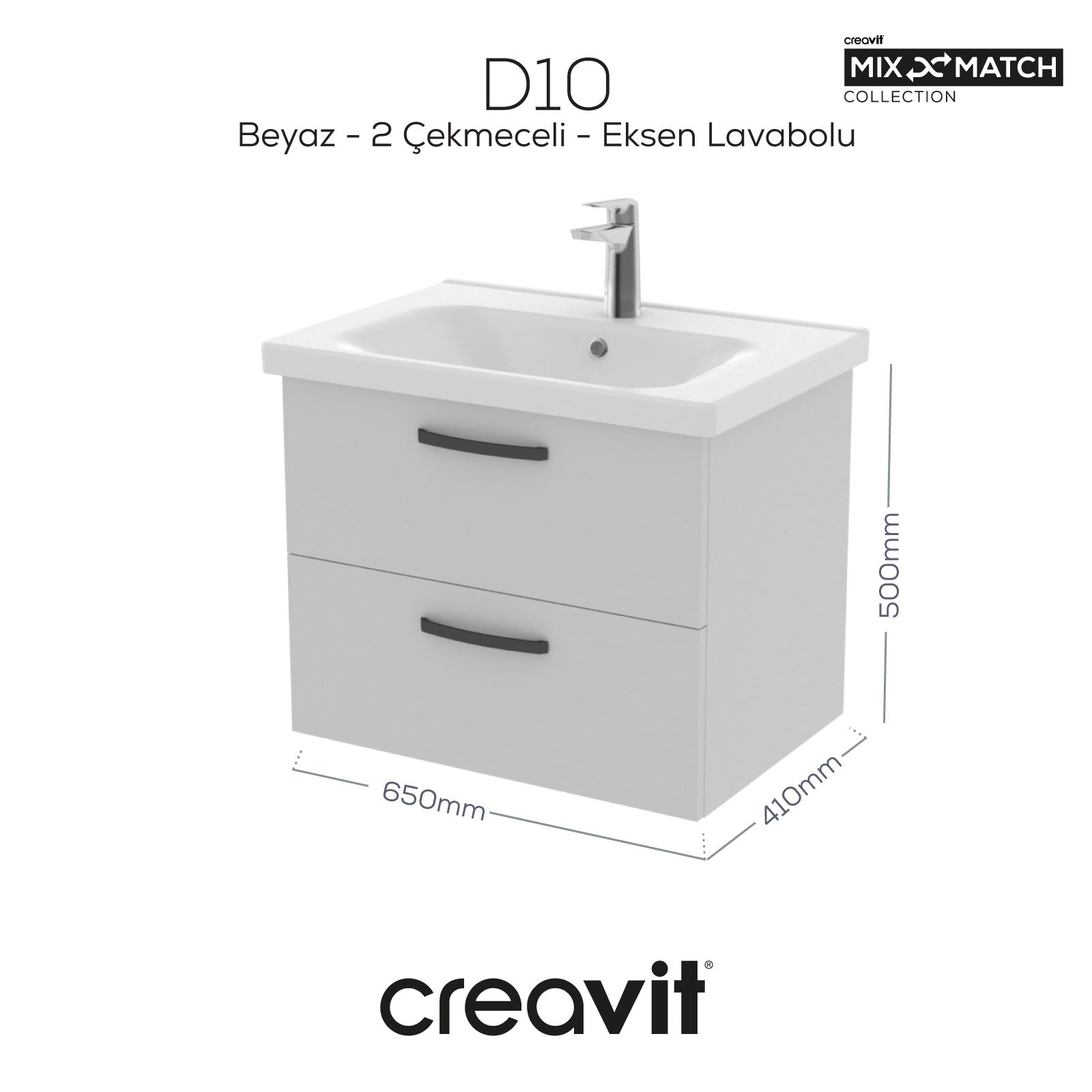 D10 Eksen Lavabo Dolabı İki Çekmeceli 65 cm Beyaz - Creavit | Banyo Bu Tarafta
