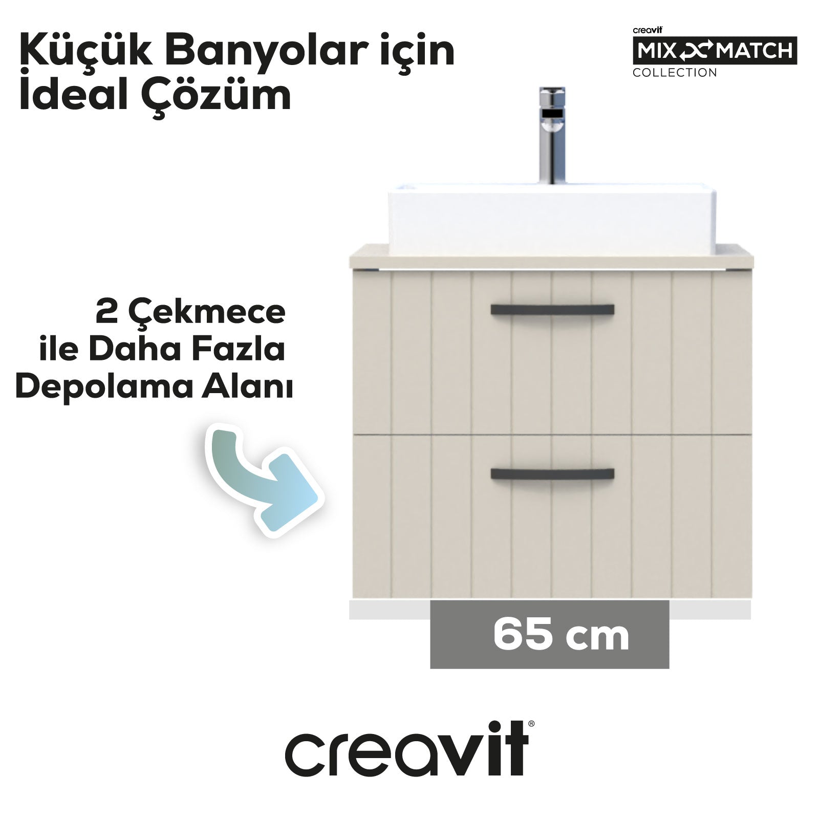 D10 Next Lavabo Dolabı İki Çekmeceli 65 cm Dafne Lake Kapak - Creavit | Banyo Bu Tarafta