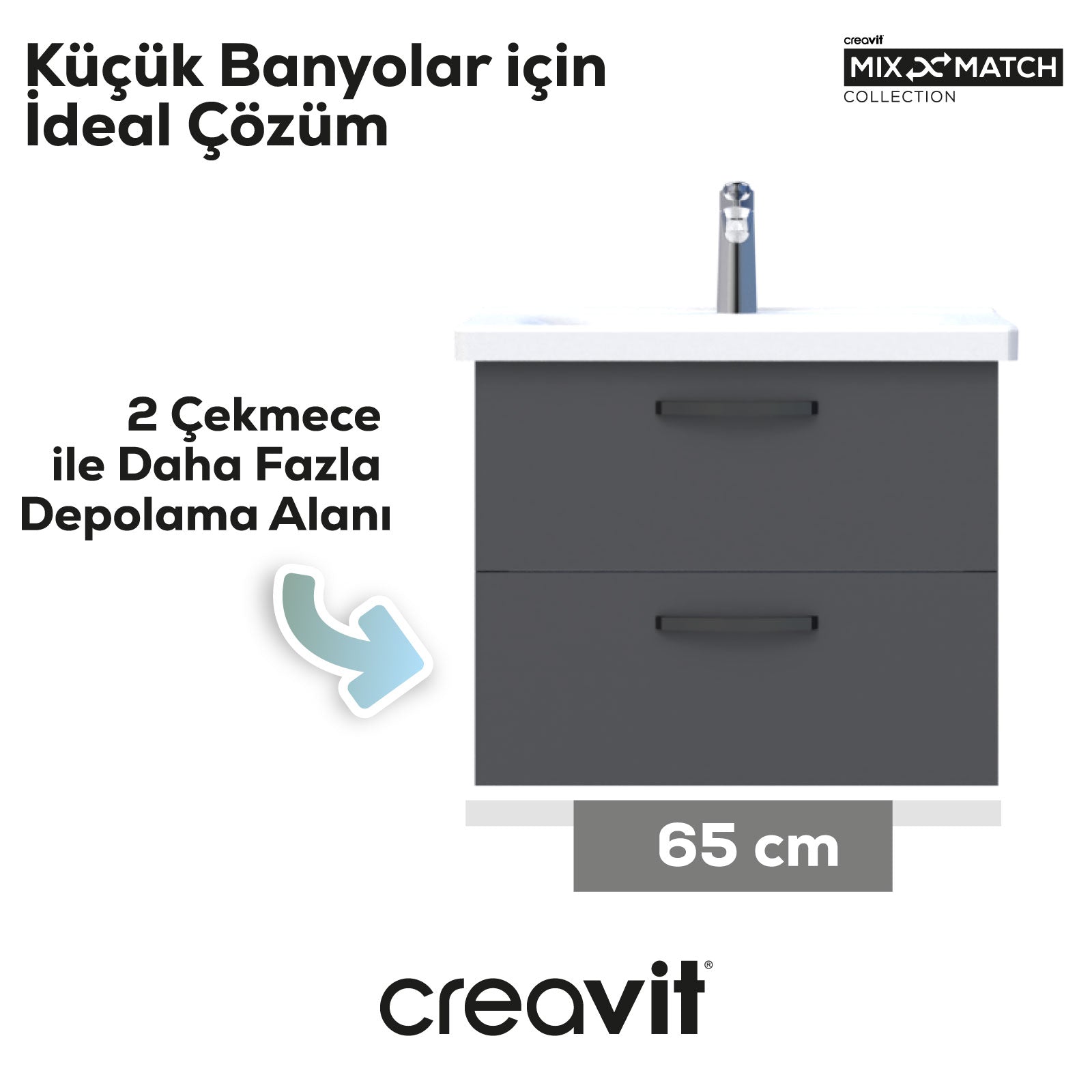 D10 Eksen Lavabo Dolabı İki Çekmeceli 65 cm Gri Gövde Antrasit Kapak - Creavit | Banyo Bu Tarafta