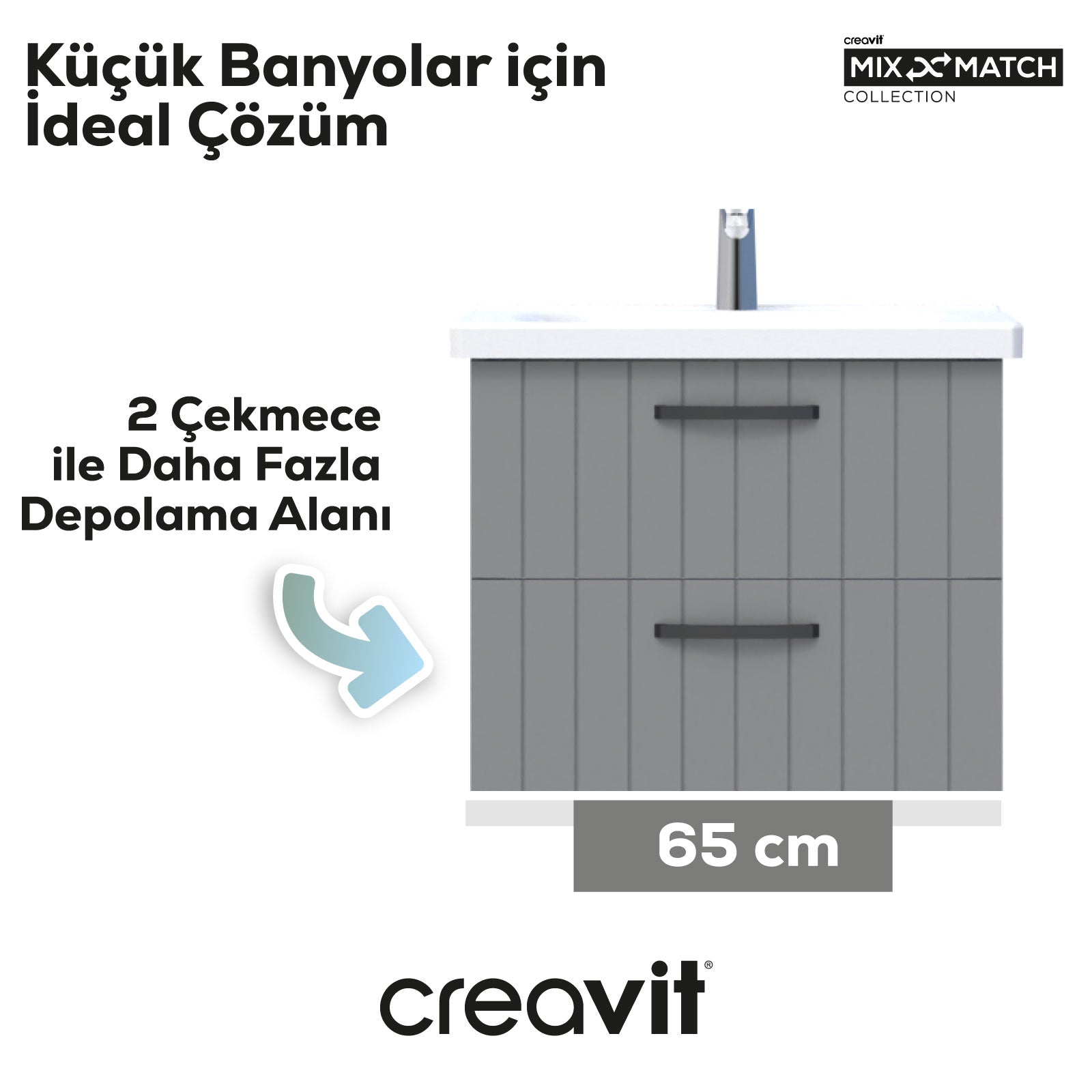 D10 Eksen Lavabo Dolabı İki Çekmeceli 65 cm Gri Lake Kapak - Creavit | Banyo Bu Tarafta