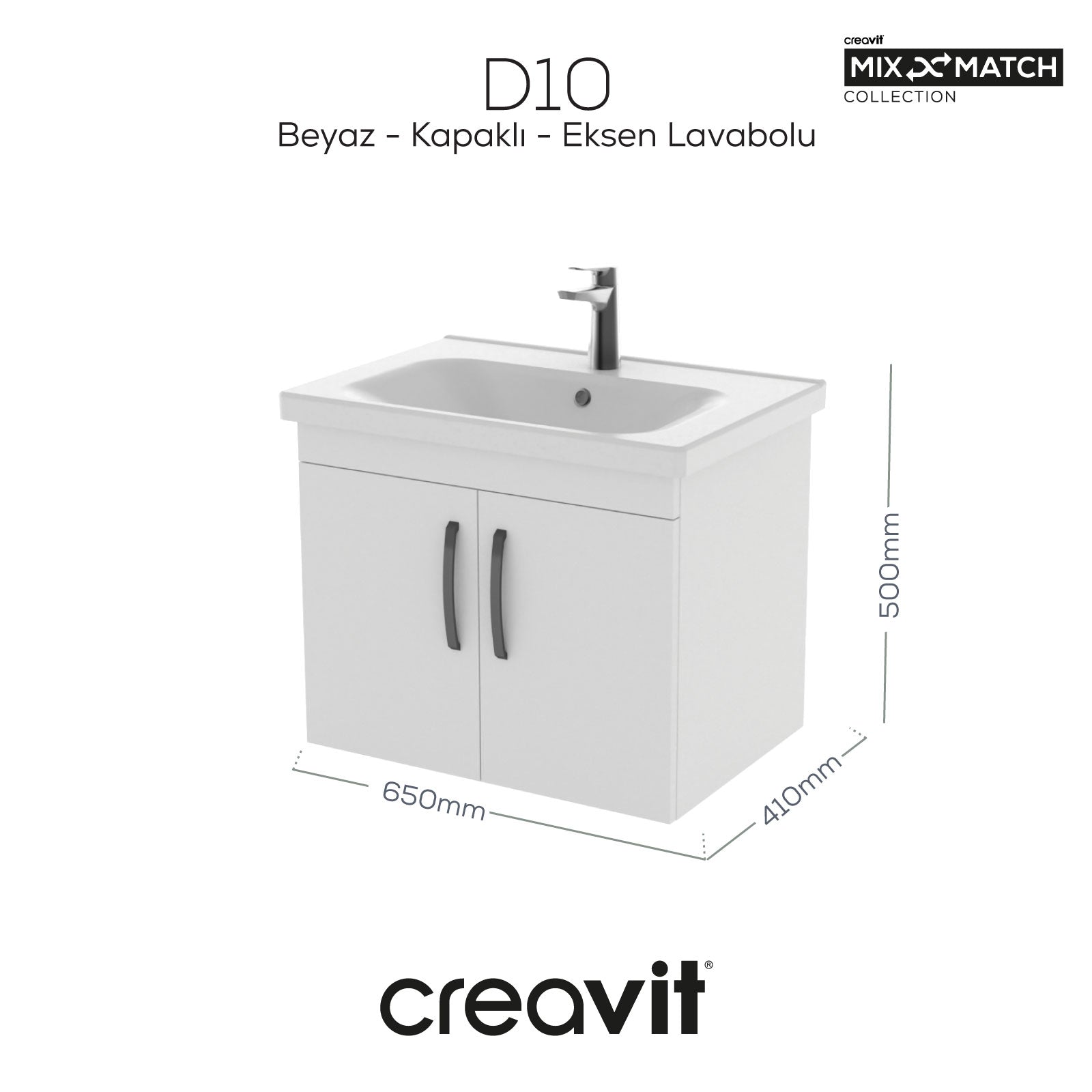 D10 Eksen Lavabo Dolabı Kapaklı 65 cm Beyaz Melamin Gövde - Creavit | Banyo Bu Tarafta