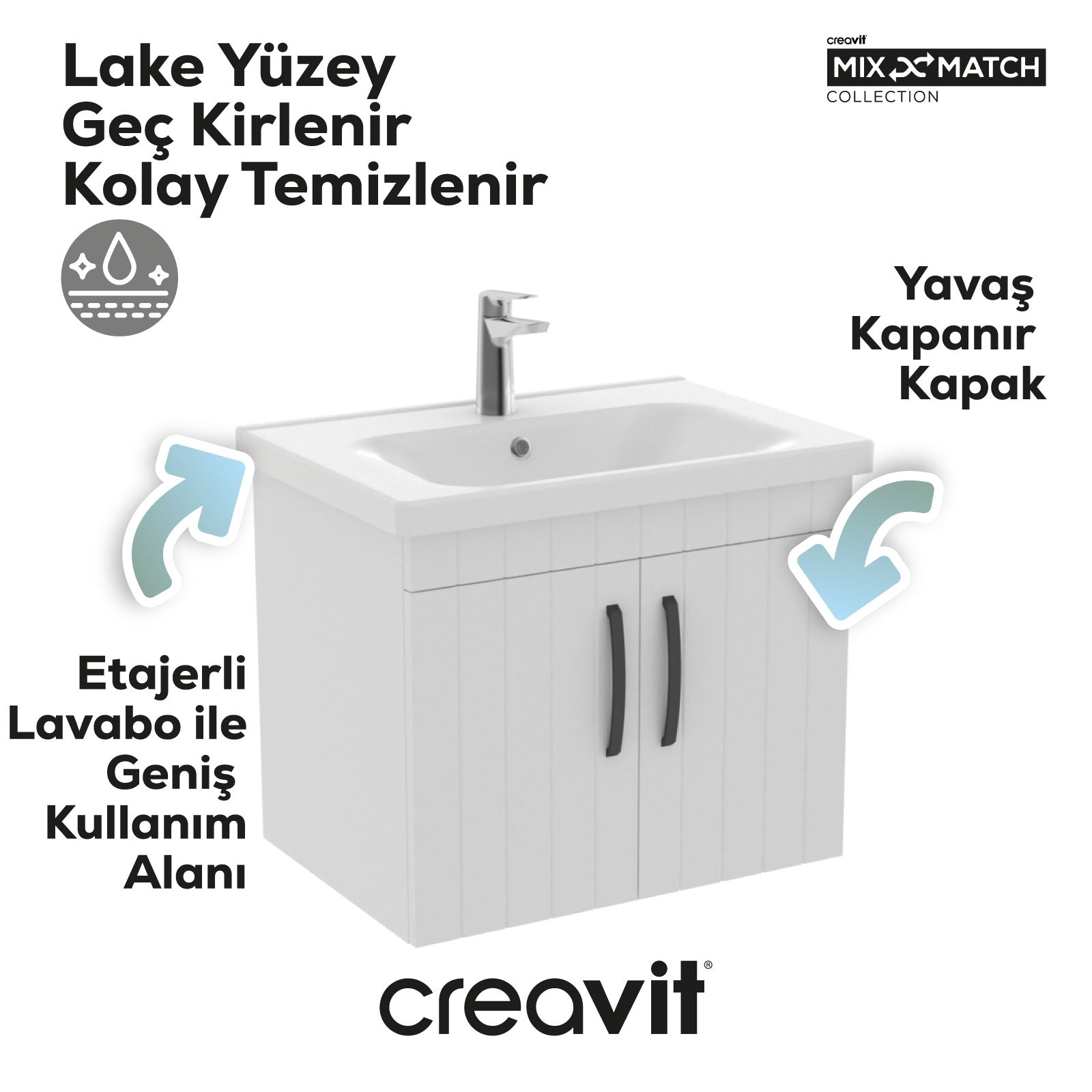 D10 Eksen Lavabo Dolabı Kapaklı 65 cm Beyaz Gövde Lake Kapak - Creavit | Banyo Bu Tarafta