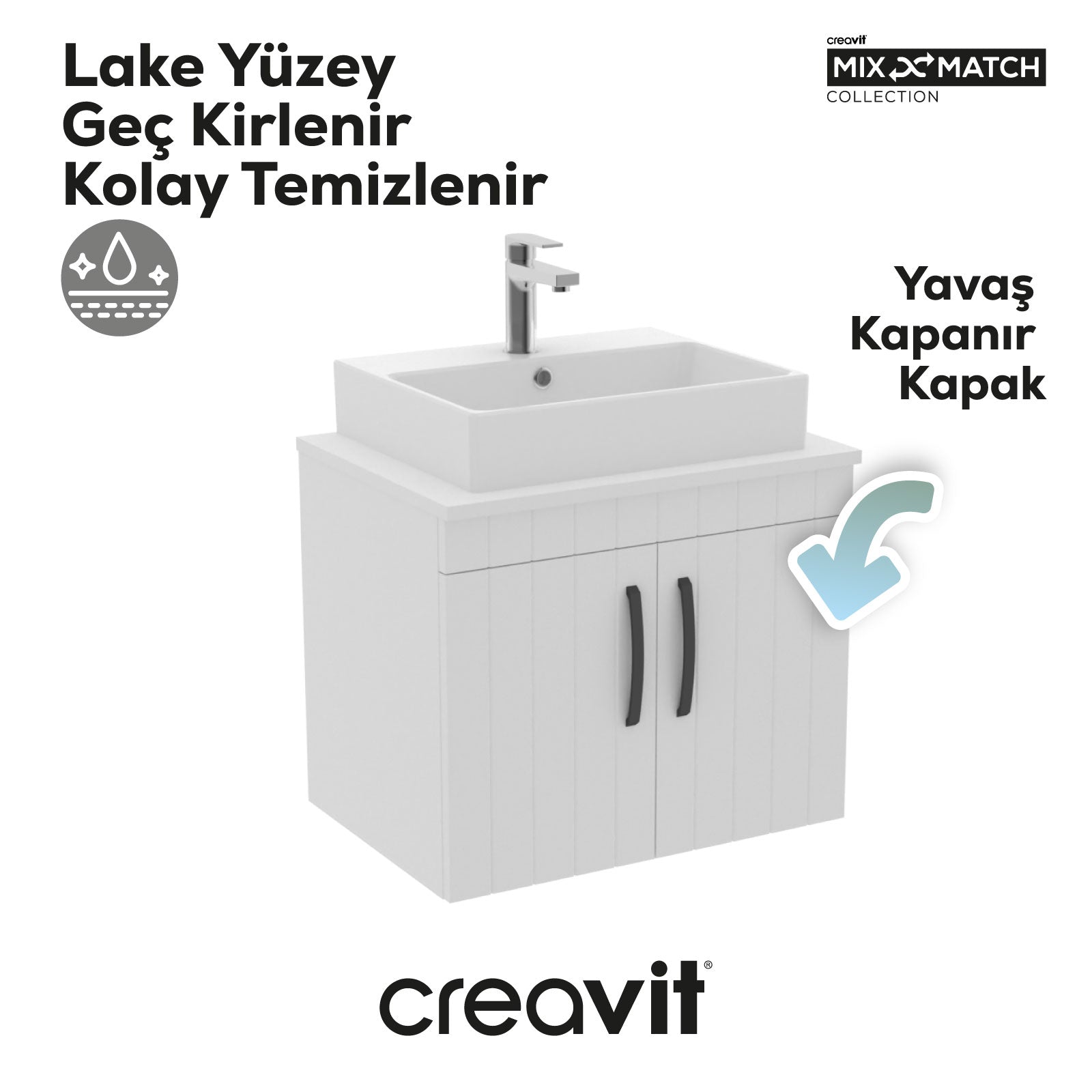 D10 Next Lavabo Dolabı Kapaklı 65 cm Beyaz Gövde Lake Kapak - Creavit | Banyo Bu Tarafta