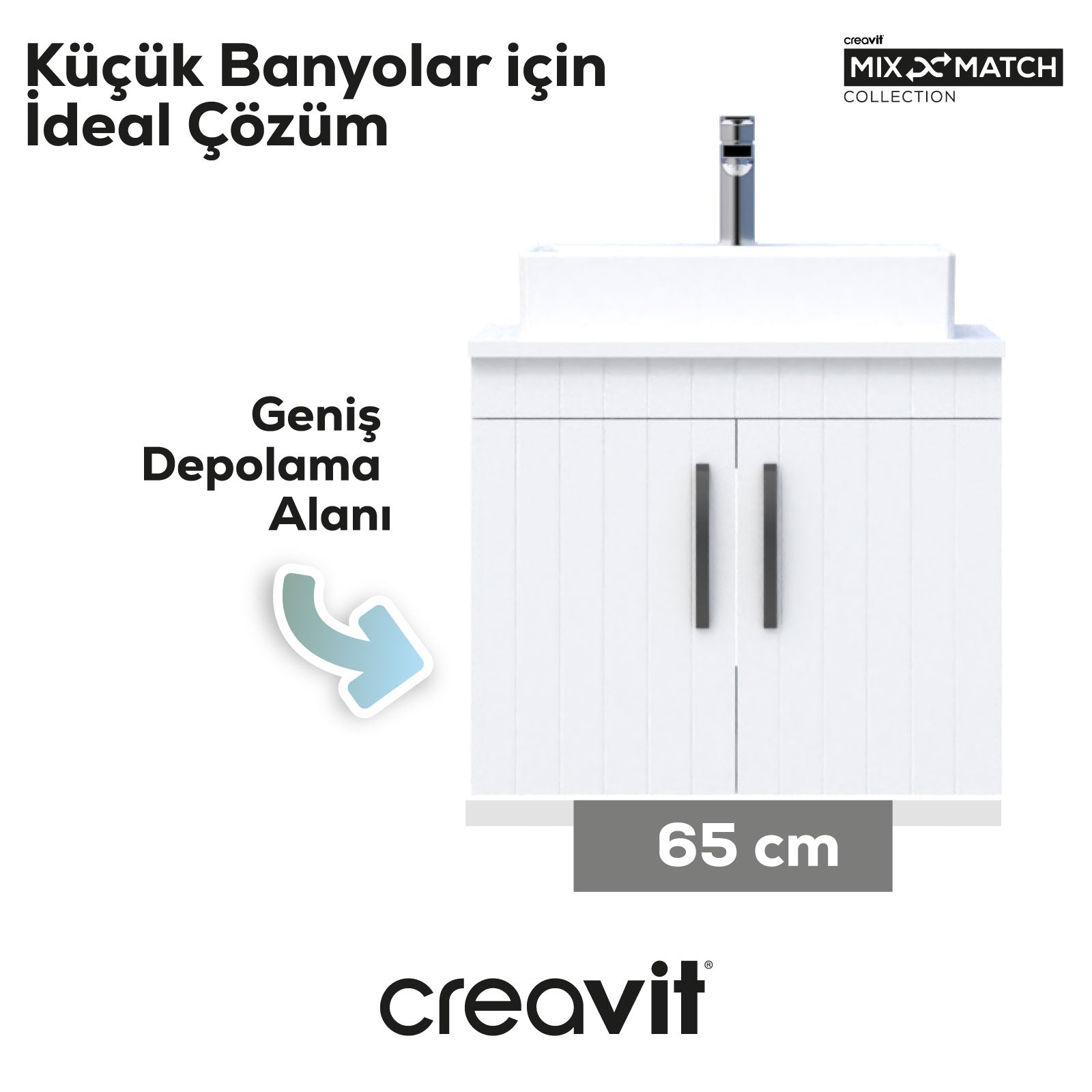 D10 Next Lavabo Dolabı Kapaklı 65 cm Beyaz Gövde Lake Kapak - Creavit | Banyo Bu Tarafta