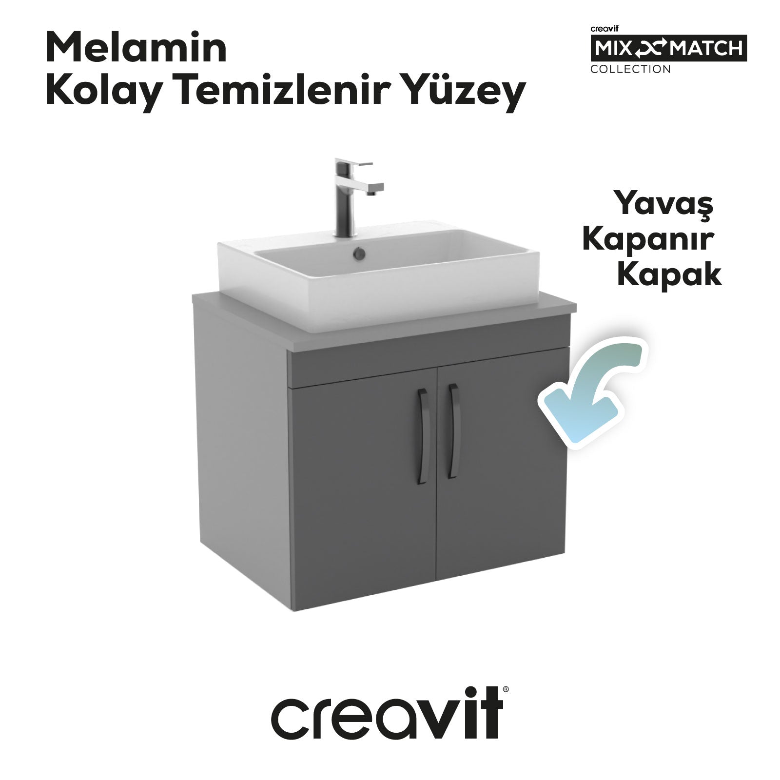 D10 Next Lavabo Dolabı Kapaklı 65 cm Gri Gövde Antrasit Kapak - Creavit | Banyo Bu Tarafta