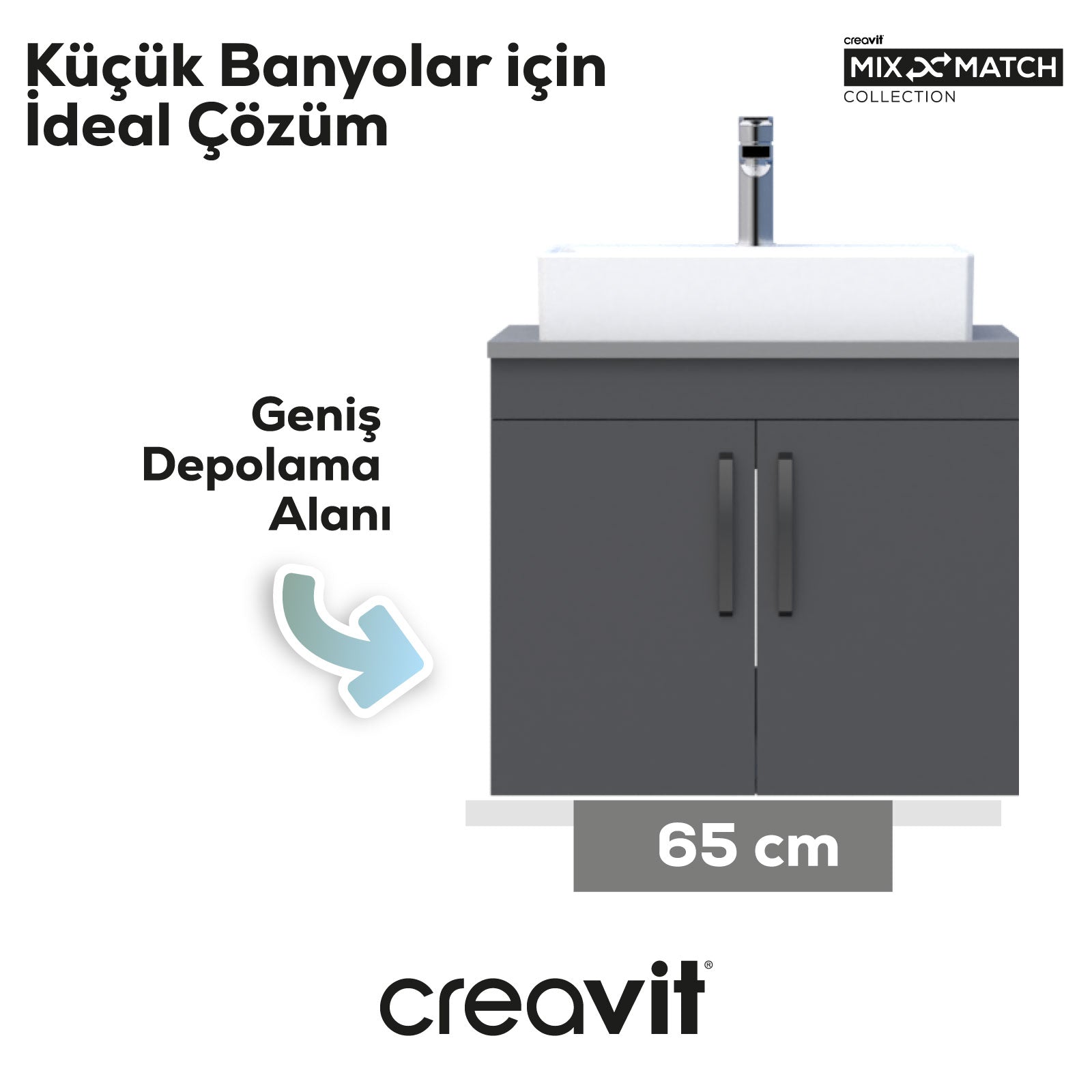 D10 Next Lavabo Dolabı Kapaklı 65 cm Gri Gövde Antrasit Kapak - Creavit | Banyo Bu Tarafta