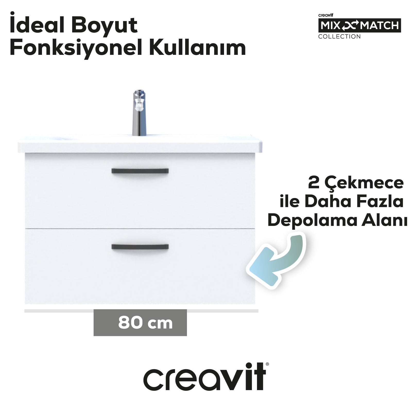 D10 Eksen Lavabo Dolabı İki Çekmeceli 80 cm Beyaz - Creavit | Banyo Bu Tarafta