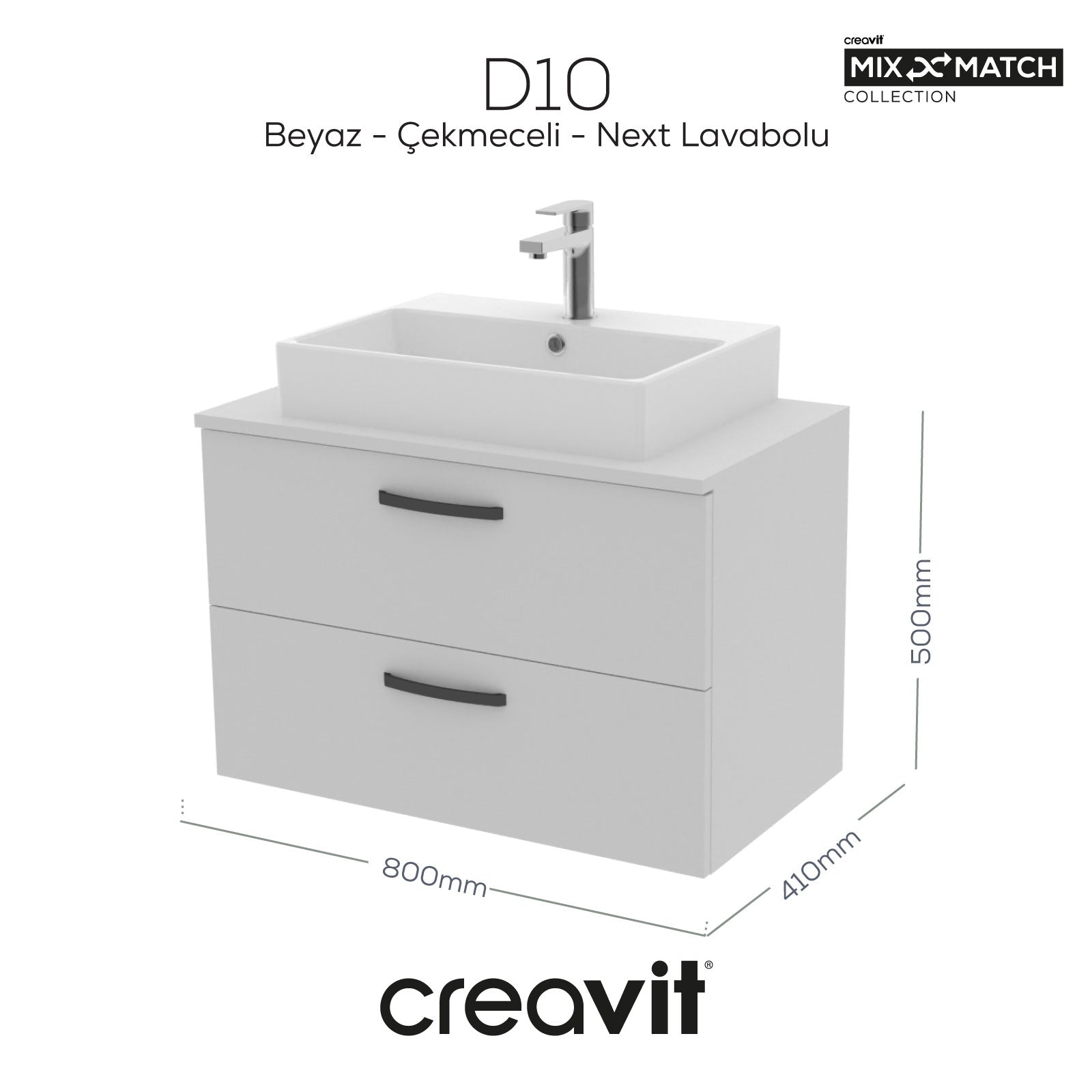 D10 Next Lavabo Dolabı İki Çekmeceli 80 cm Beyaz - Creavit | Banyo Bu Tarafta