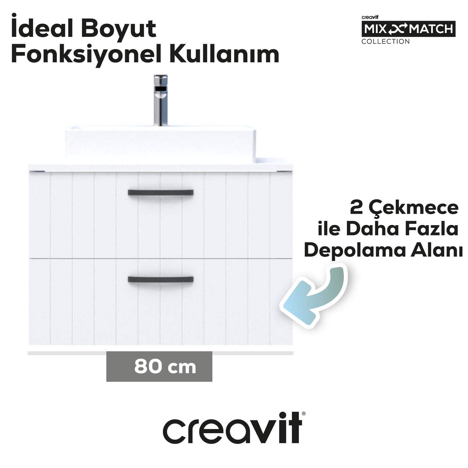 D10 Next Lavabo Dolabı İki Çekmeceli 80 cm Beyaz Lake Kapak - Creavit | Banyo Bu Tarafta