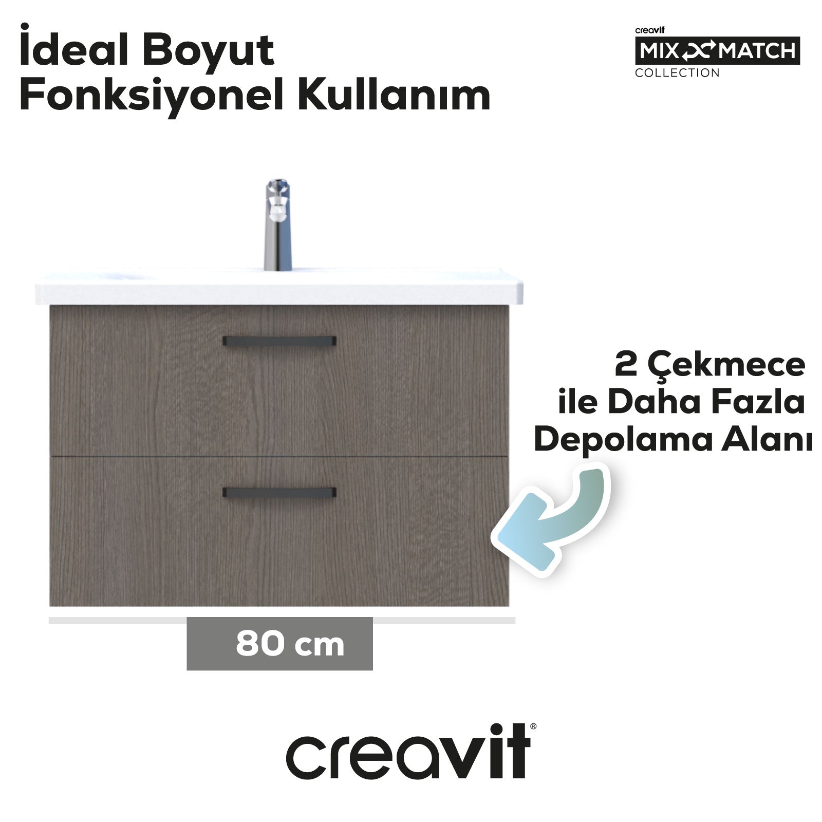 D10 Eksen Lavabo Dolabı İki Çekmeceli 80 cm Dafne Gövde Antrasit Meşe Kapak - Creavit | Banyo Bu Tarafta