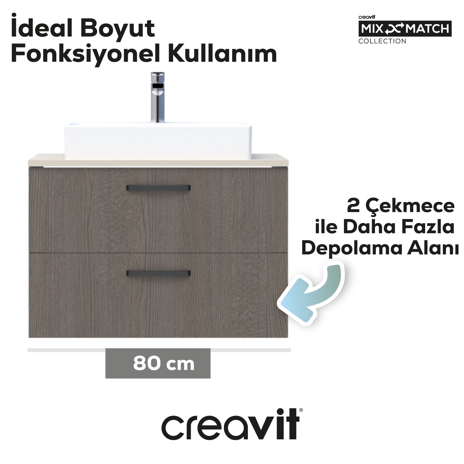 D10 Next Lavabo Dolabı İki Çekmeceli 80 cm Dafne Gövde Antrasit Meşe Kapak - Creavit | Banyo Bu Tarafta