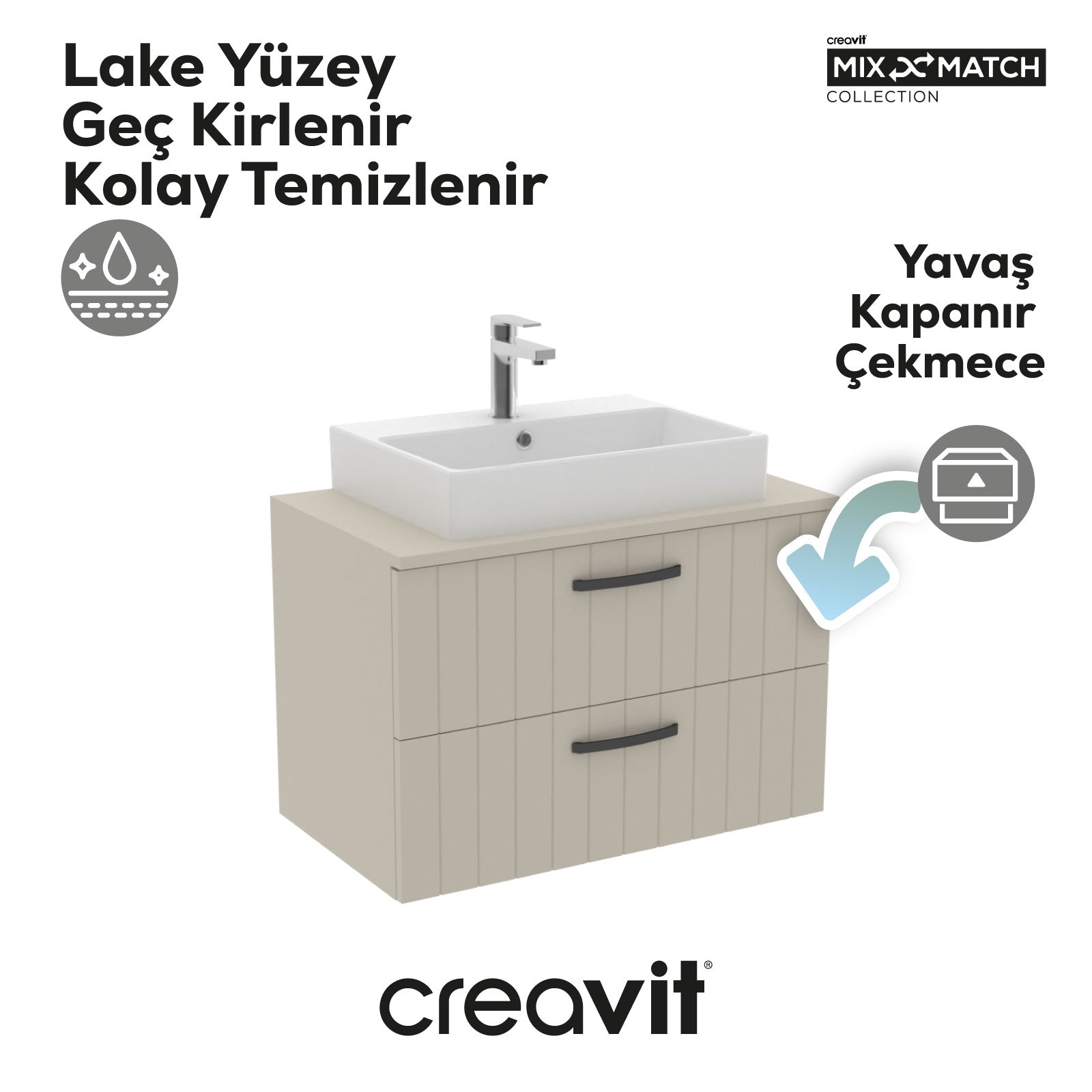 D10 Next Lavabo Dolabı İki Çekmeceli 80 cm Dafne Lake Kapak - Creavit | Banyo Bu Tarafta