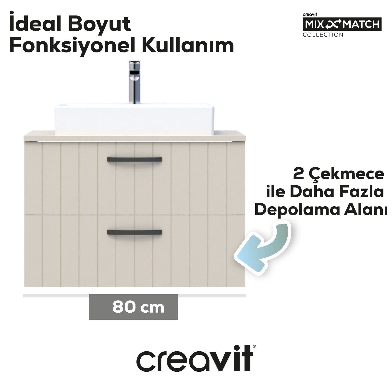 D10 Next Lavabo Dolabı İki Çekmeceli 80 cm Dafne Lake Kapak - Creavit | Banyo Bu Tarafta