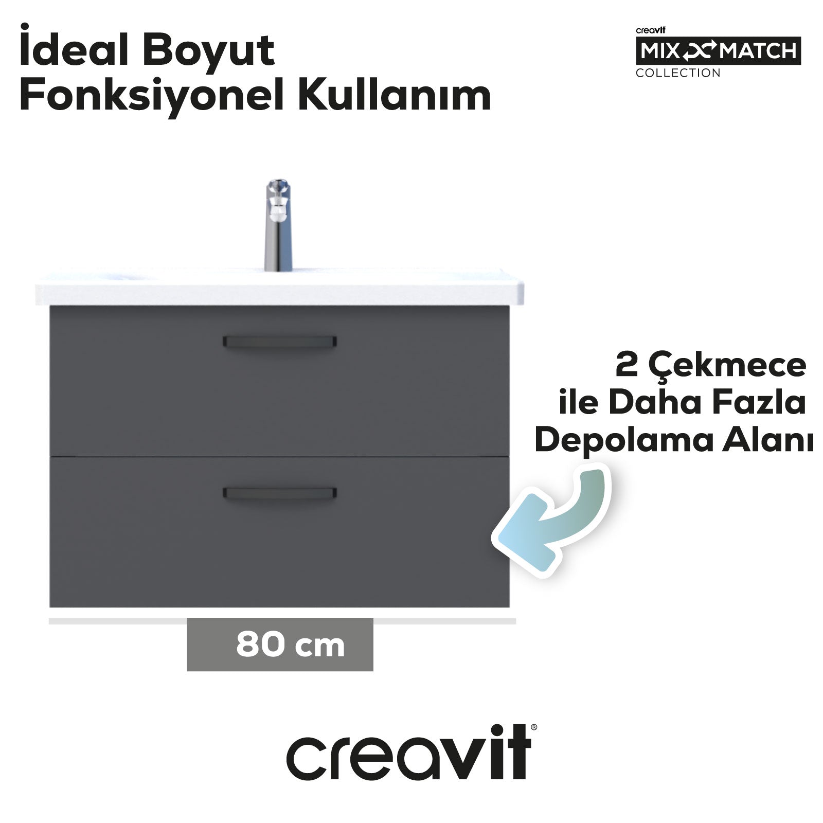 D10 Eksen Lavabo Dolabı İki Çekmeceli 80 cm Gri Gövde Antrasit Kapak - Creavit | Banyo Bu Tarafta