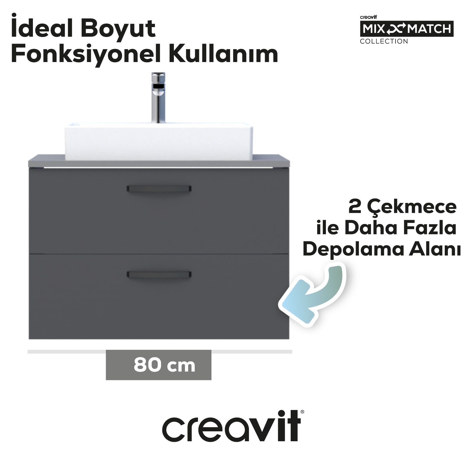 D10 Next Lavabo Dolabı İki Çekmeceli 80 cm Gri Gövde Antrasit Kapak - Creavit | Banyo Bu Tarafta