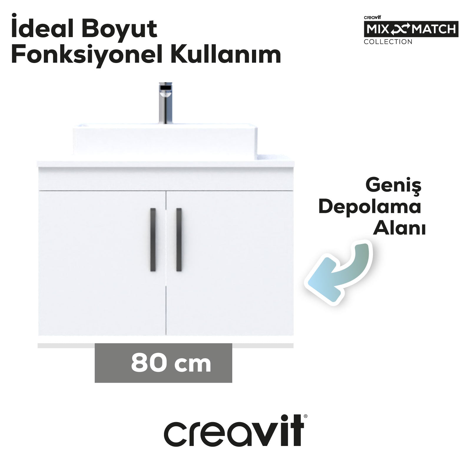 D10 Next Lavabo Dolabı Kapaklı 80 cm Beyaz Gövde - Creavit | Banyo Bu Tarafta