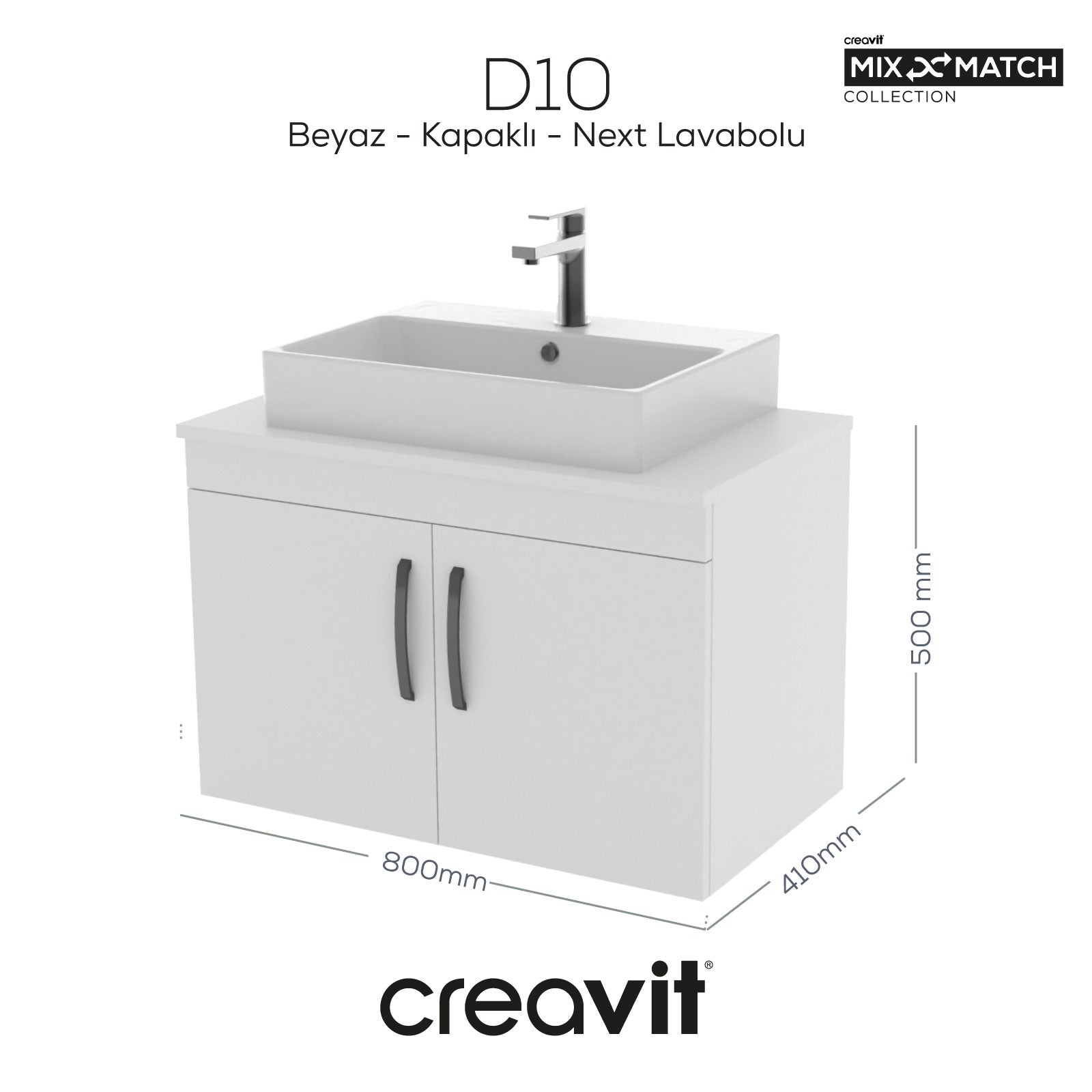 D10 Next Lavabo Dolabı Kapaklı 80 cm Beyaz Gövde - Creavit | Banyo Bu Tarafta