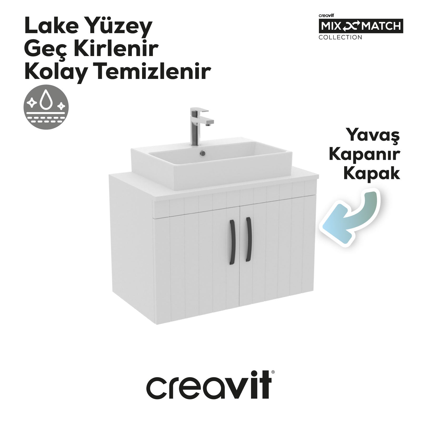 D10 Next Lavabo Dolabı Kapaklı 80 cm Beyaz Gövde Lake Kapak - Creavit | Banyo Bu Tarafta