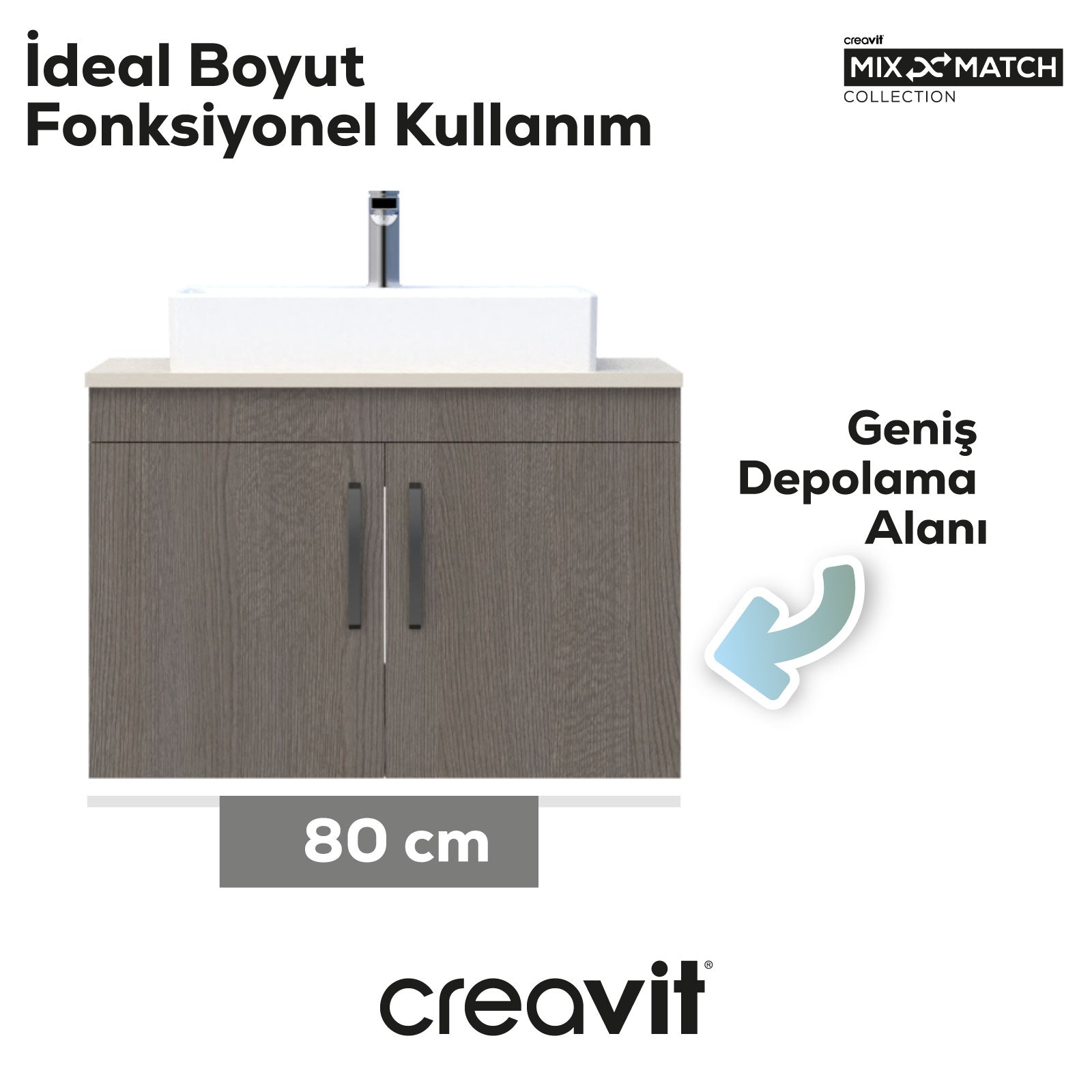 D10 Next Lavabo Dolabı Kapaklı 80 cm Dafne Gövde Antrasit Meşe Kapak - Creavit | Banyo Bu Tarafta