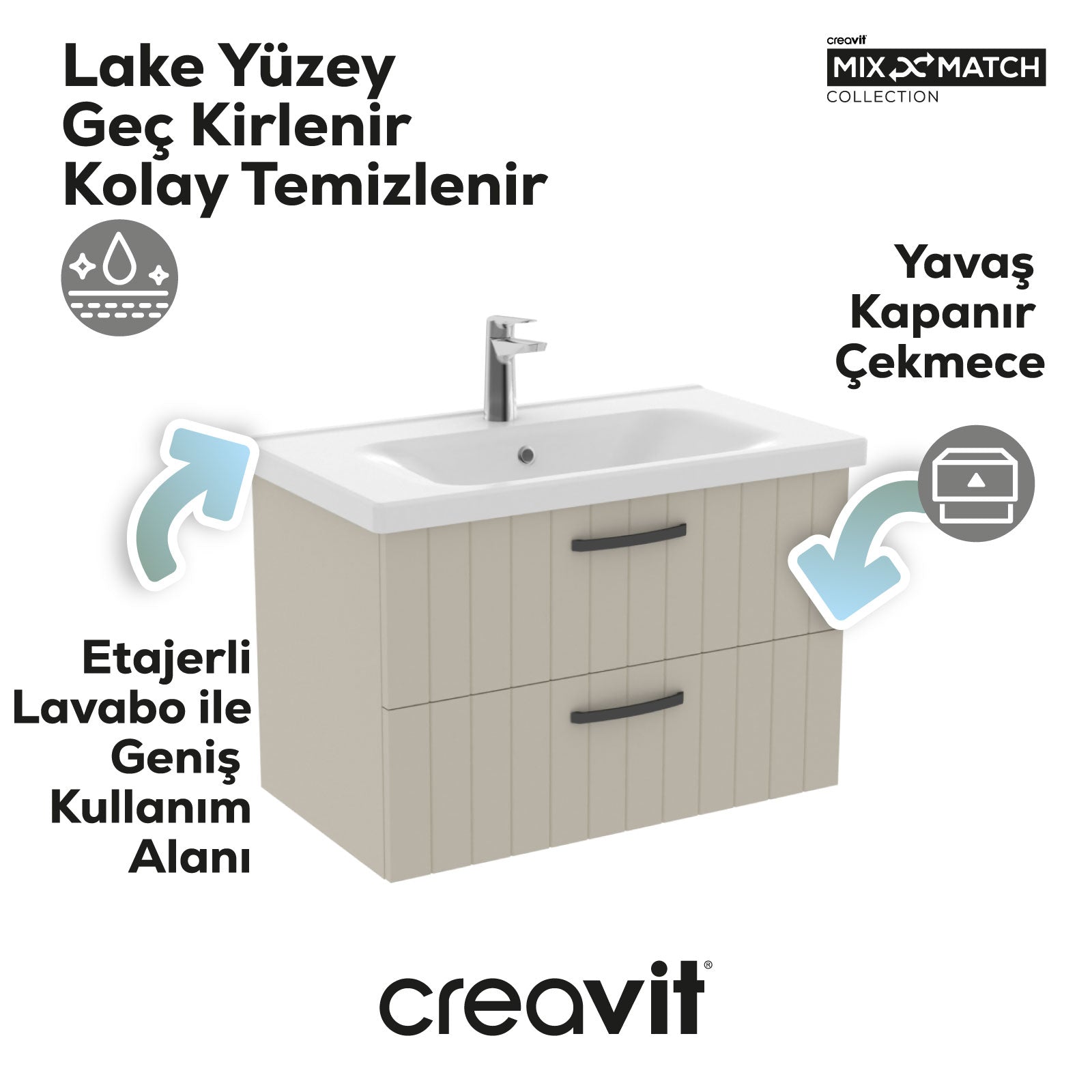 D10 Eksen Lavabo Dolabı İki Çekmeceli 80 cm Dafne Lake Kapak - Creavit | Banyo Bu Tarafta