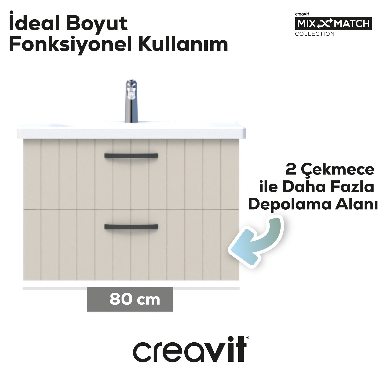 D10 Eksen Lavabo Dolabı İki Çekmeceli 80 cm Dafne Lake Kapak - Creavit | Banyo Bu Tarafta