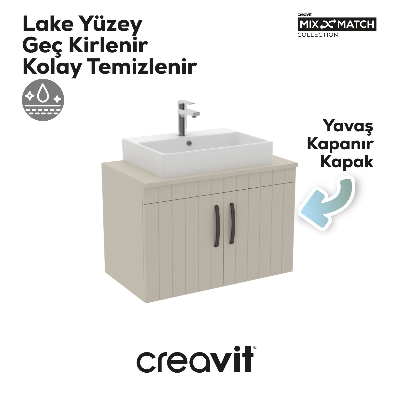 D10 Next Lavabo Dolabı Kapaklı 80 cm Dafne Gövde Lake Kapak - Creavit | Banyo Bu Tarafta