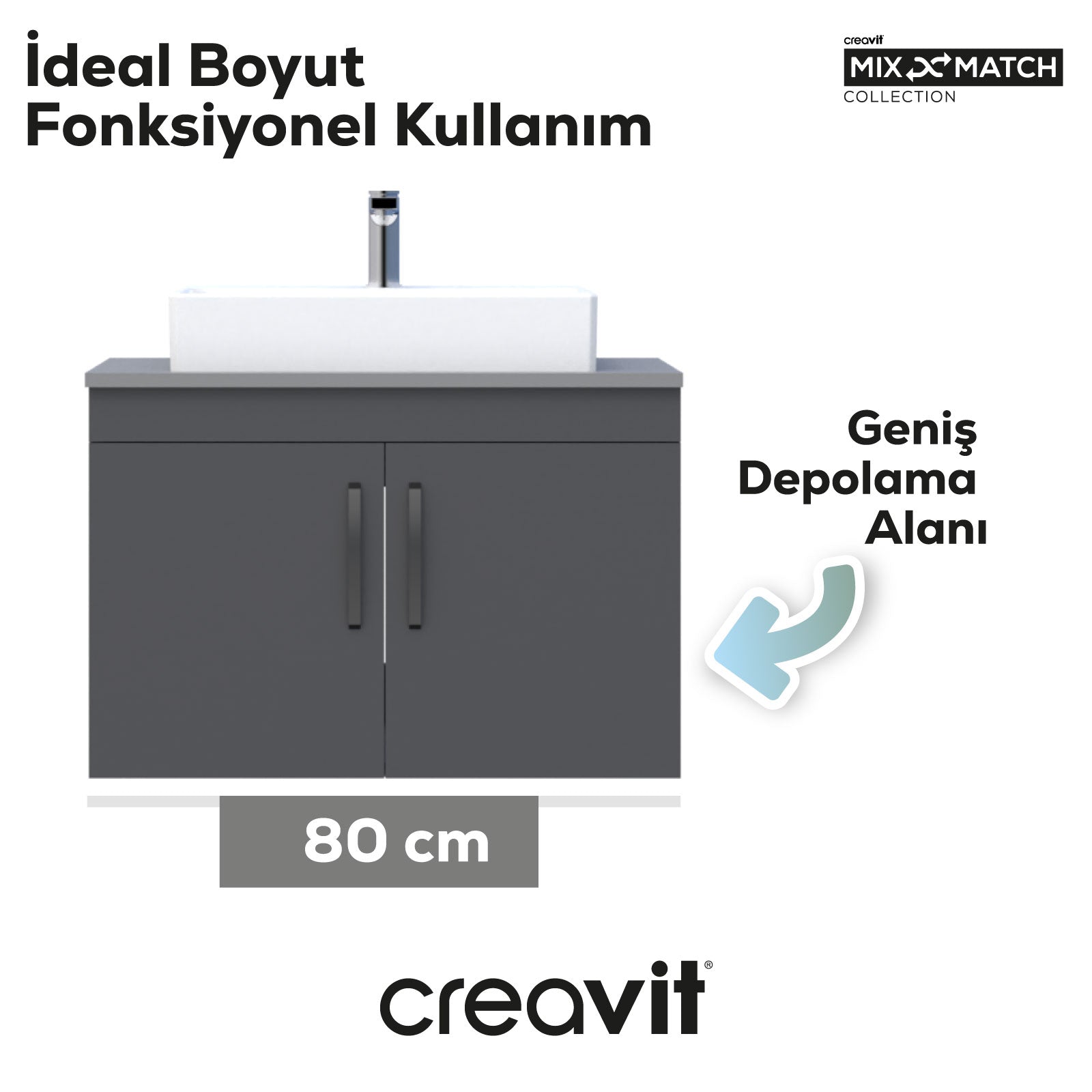 D10 Next Lavabo Dolabı Kapaklı 80 cm Gri Gövde Antrasit Kapak - Creavit | Banyo Bu Tarafta