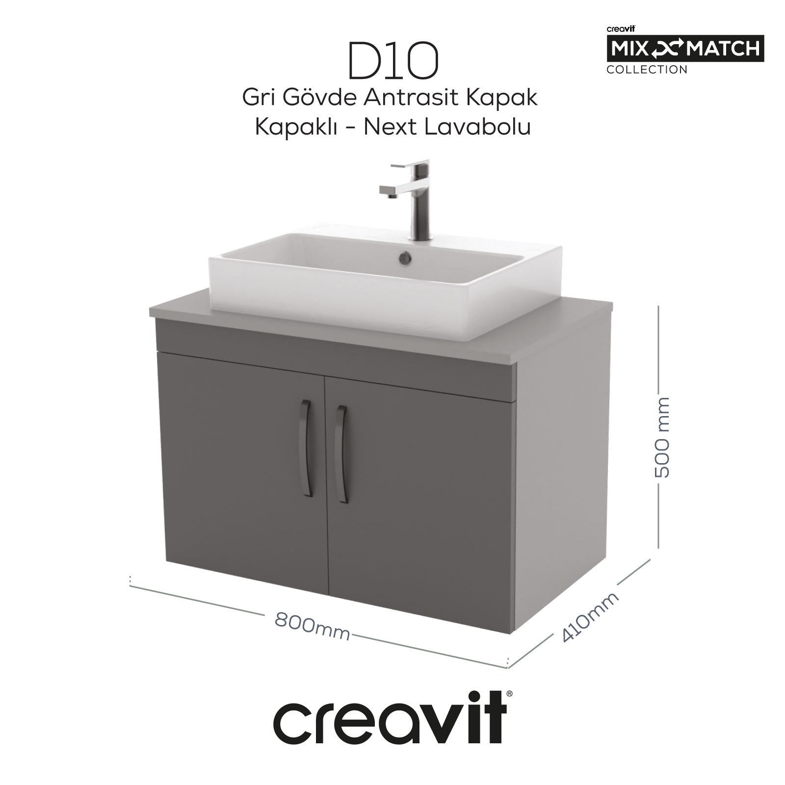 D10 Next Lavabo Dolabı Kapaklı 80 cm Gri Gövde Antrasit Kapak - Creavit | Banyo Bu Tarafta