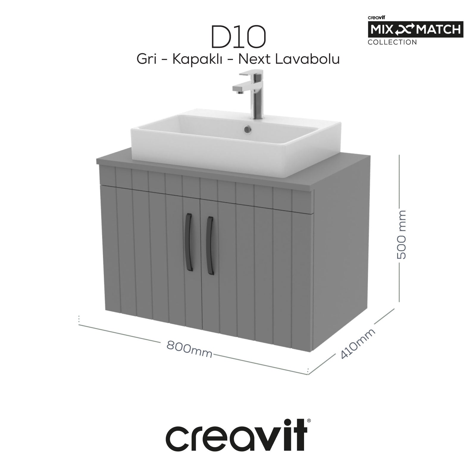 D10 Next Lavabo Dolabı Kapaklı 80 cm Gri Gövde Lake Kapak - Creavit | Banyo Bu Tarafta