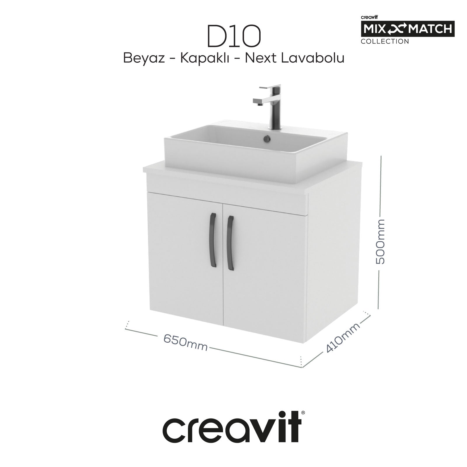 D10 Next Lavabo Dolabı Kapaklı 65 cm Beyaz Melamin Gövde - Creavit | Banyo Bu Tarafta