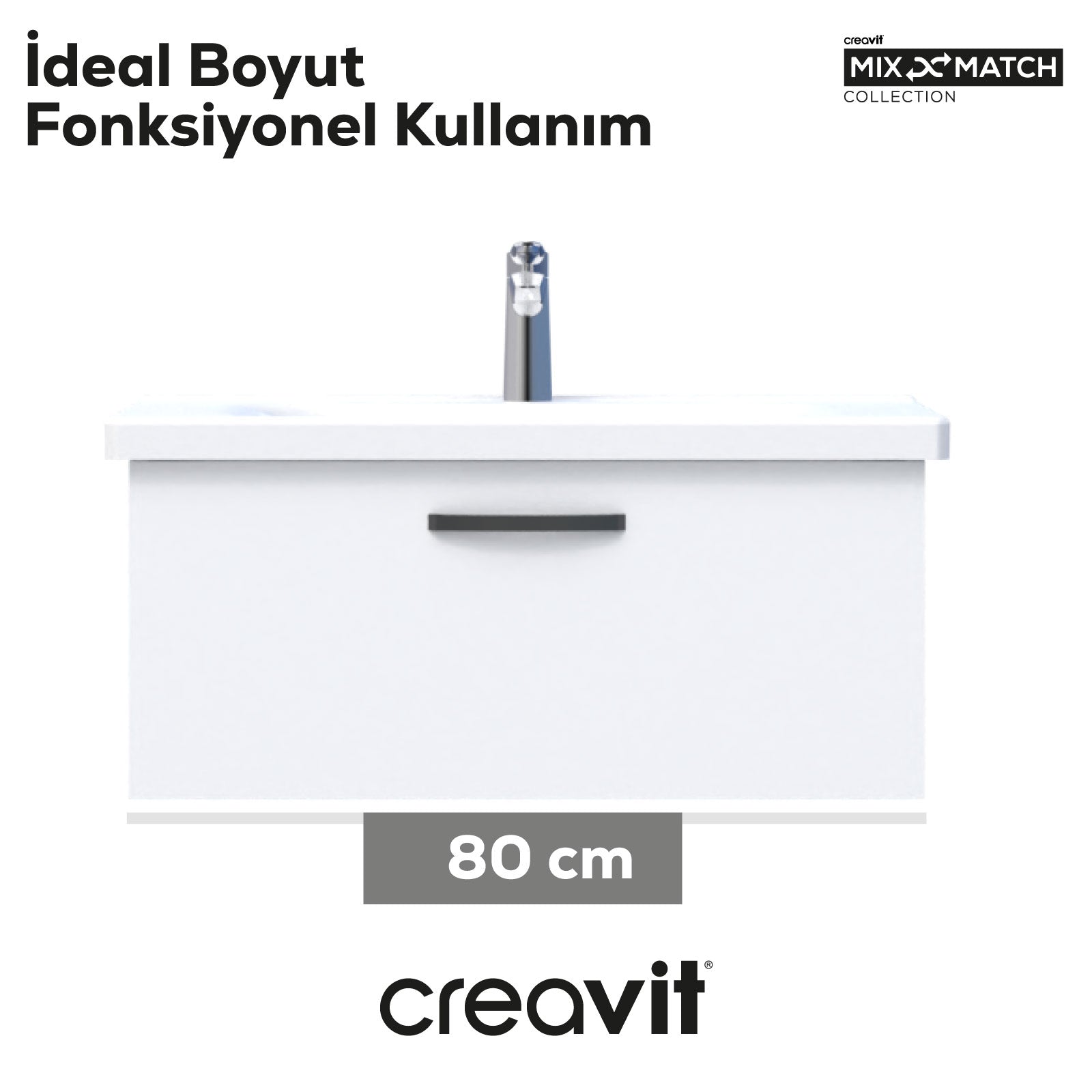 D10 Eksen Lavabo Dolabı Çekmeceli 80 cm Beyaz Melamin Gövde - Creavit | Banyo Bu Tarafta