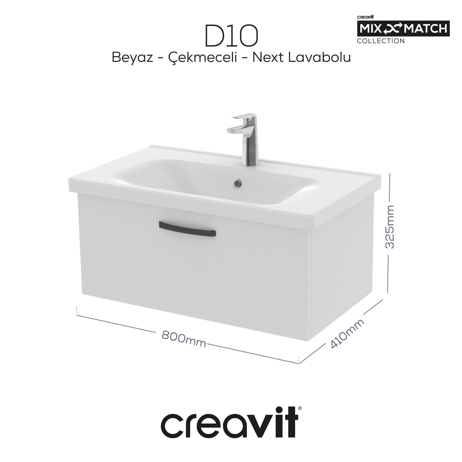D10 Eksen Lavabo Dolabı Çekmeceli 80 cm Beyaz Melamin Gövde - Creavit | Banyo Bu Tarafta