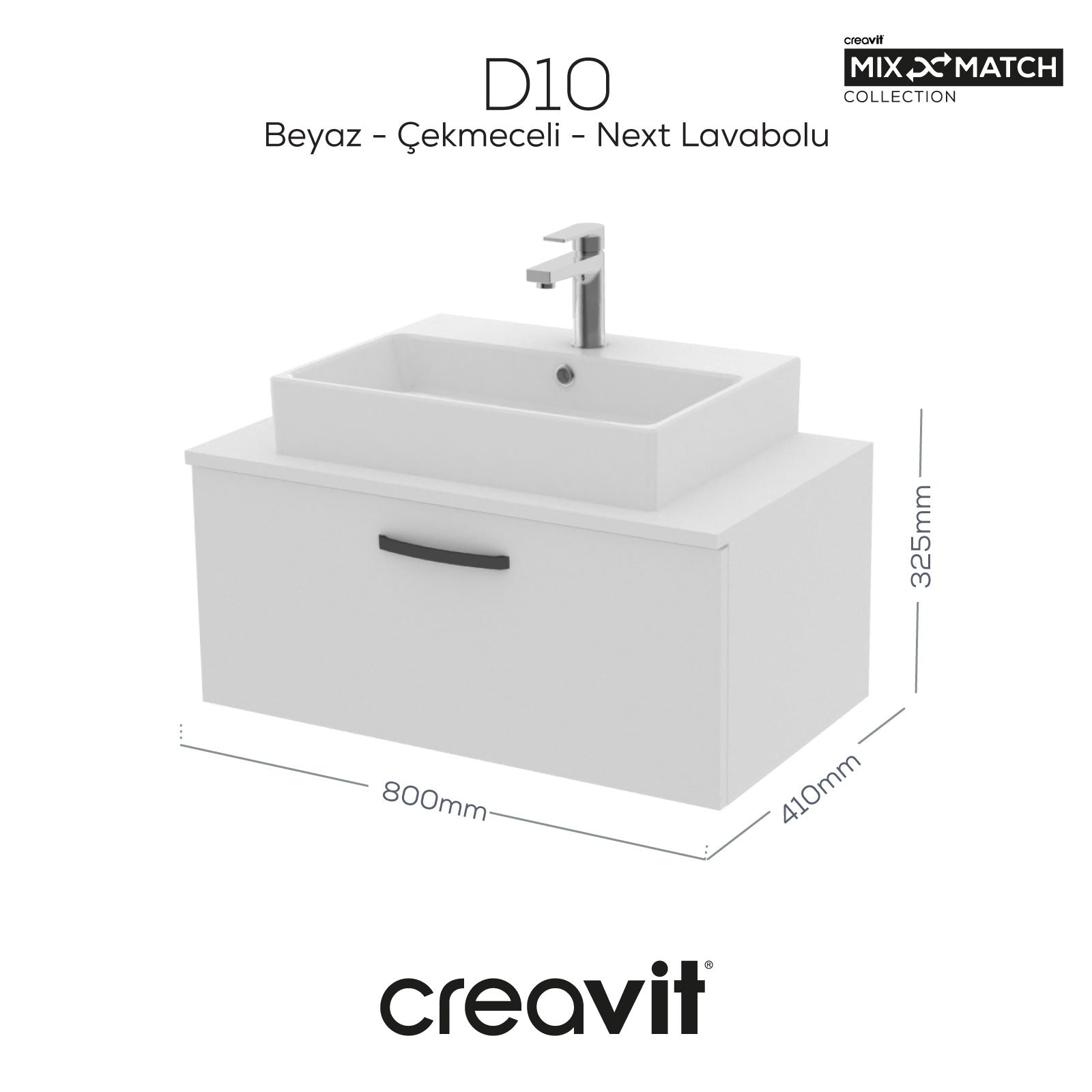 D10 Next Lavabo Dolabı Çekmeceli 80 cm Beyaz Melamin Gövde - Creavit | Banyo Bu Tarafta