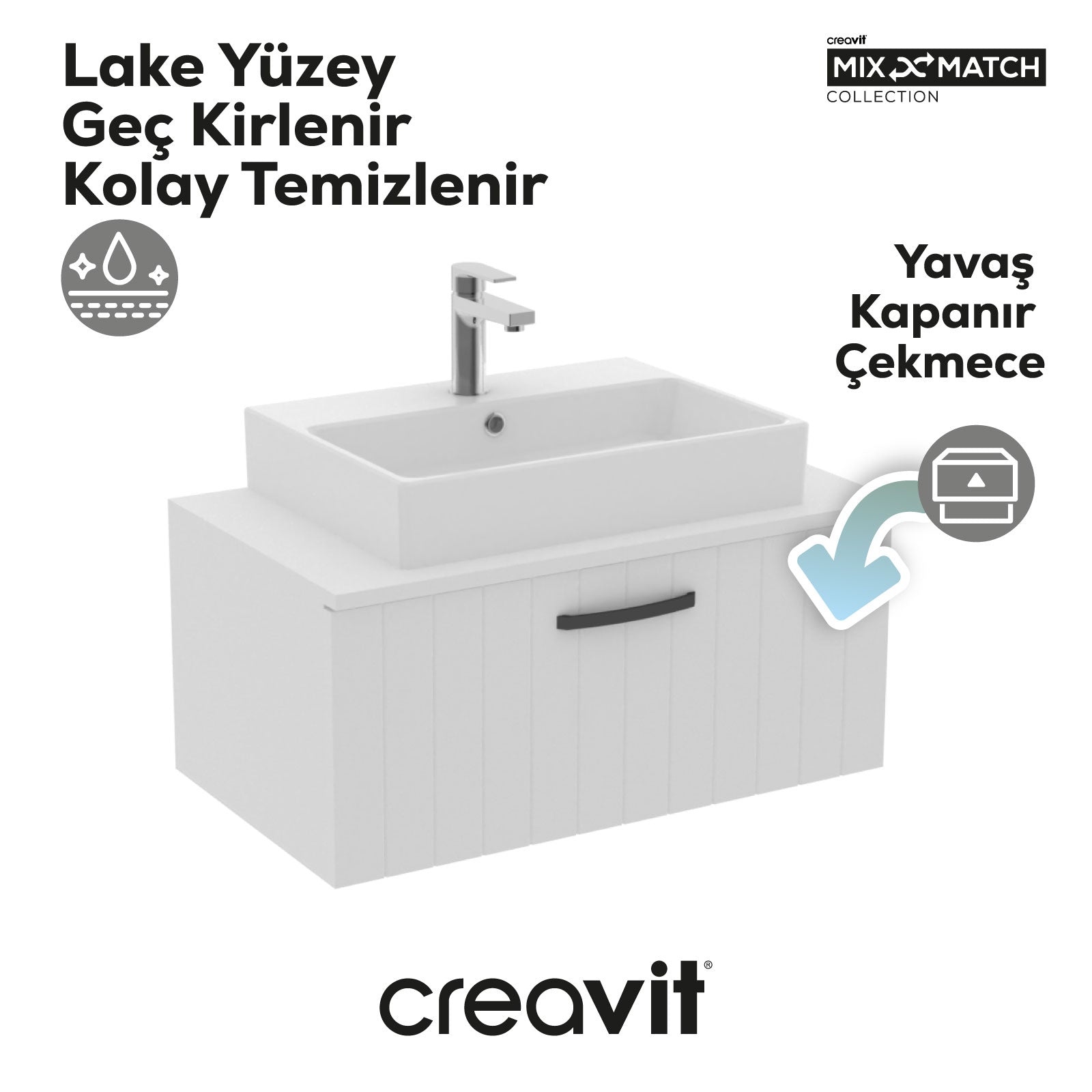 D10 Next Lavabo Dolabı Çekmeceli 80 cm Beyaz Lake - Creavit | Banyo Bu Tarafta