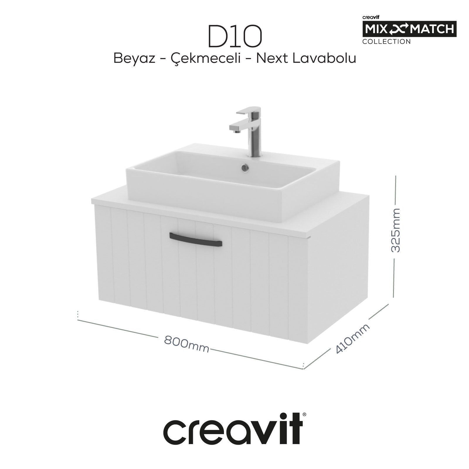 D10 Next Lavabo Dolabı Çekmeceli 80 cm Beyaz Lake - Creavit | Banyo Bu Tarafta