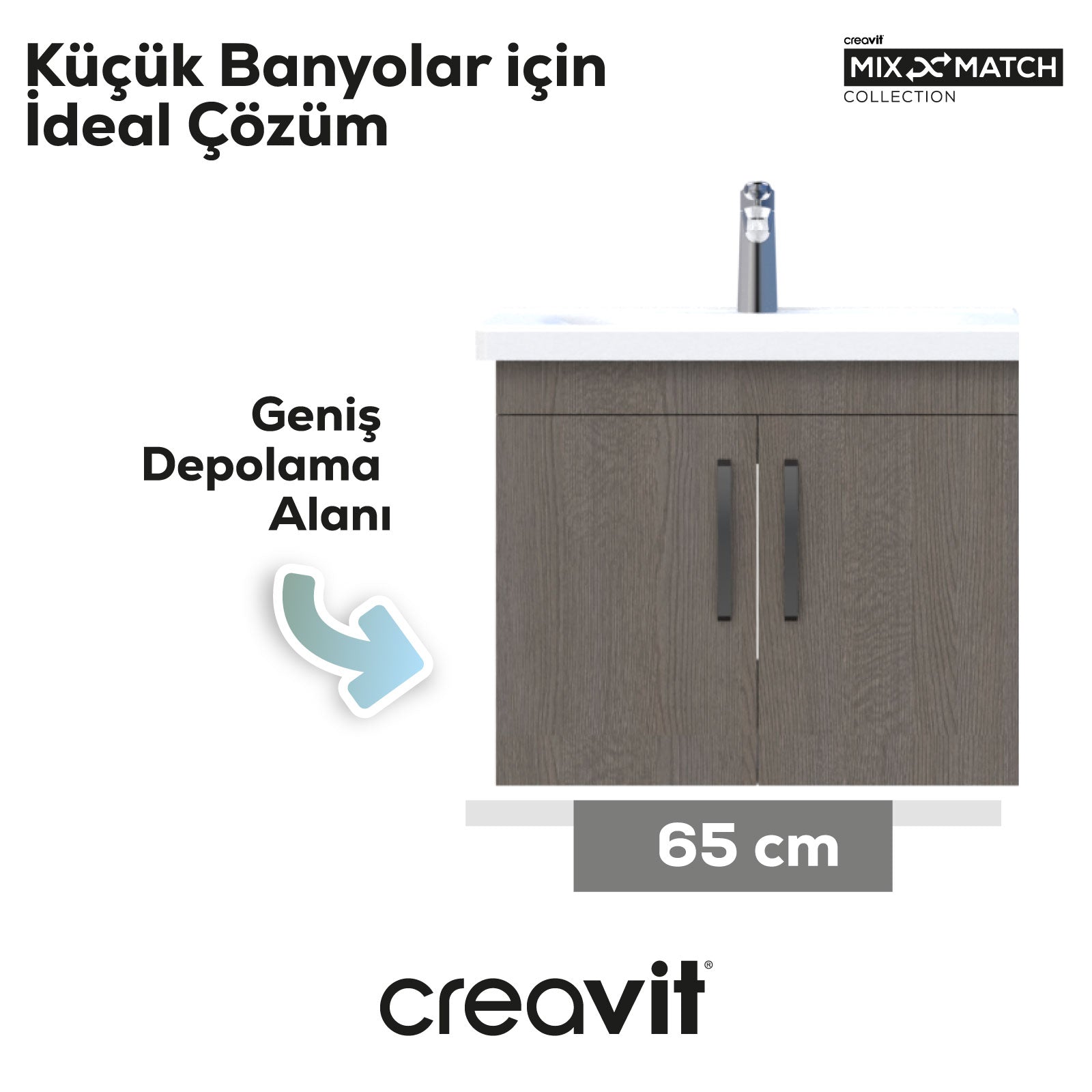 D10 Eksen Lavabo Dolabı Kapaklı 65 cm Dafne Gövde Antrasit Meşe Kapak - Creavit | Banyo Bu Tarafta