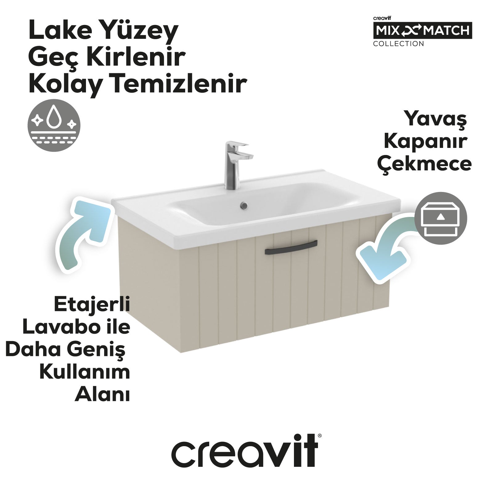 D10 Eksen Lavabo Dolabı Çekmeceli 80 cm Dafne Lake - Creavit | Banyo Bu Tarafta