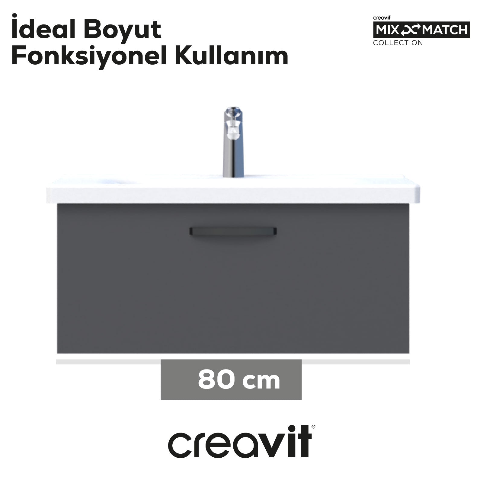 D10 Eksen Lavabo Dolabı Çekmeceli 80 cm Gri Gövde Antrasit Kapak - Creavit | Banyo Bu Tarafta